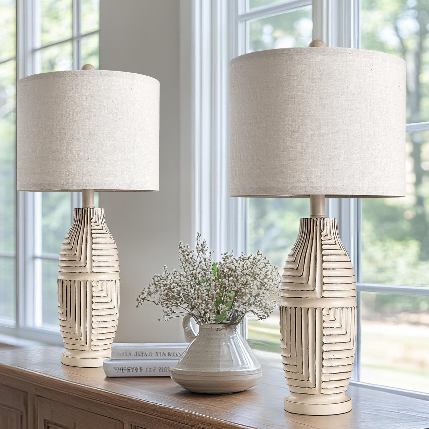 Bobomomo 25'' Farmhouse Table Lamp Set Of 2 Vintage Rustic Lamps For Living Room, Resin Bedside Nightstand Lamps With Linen Lamp