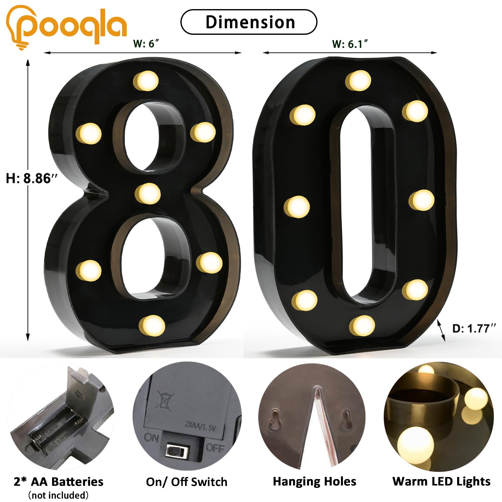 Pooqla Decorative Led Light Up Number Letters, Black Plastic Marquee Number Lights Sign For 80Th Birthday Party Wedding Decor Battery Operated Black Number 80, Ll-Blc-80