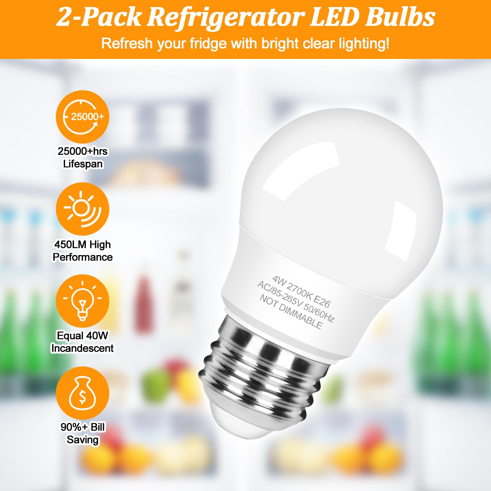 Brightever Led Refrigerator Light Bulbs 40 Watt Equivalent, 120V Fridge Appliance Light Bulbs 4W 2700K Warm White, Waterproof A15 Fridge Light Bulb 450Lm, E26 Freezer Light Bulb Non-Dimmable, 2 Packs