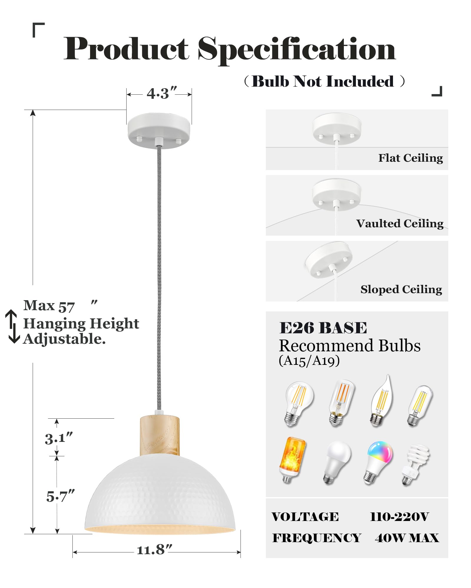 ELYONA Hammered Pendant Lights - 12" Modern Metal Dome, White - 2 Pack, Ideal for Kitchen Island, Dining Room, Hallway, Model 38020769