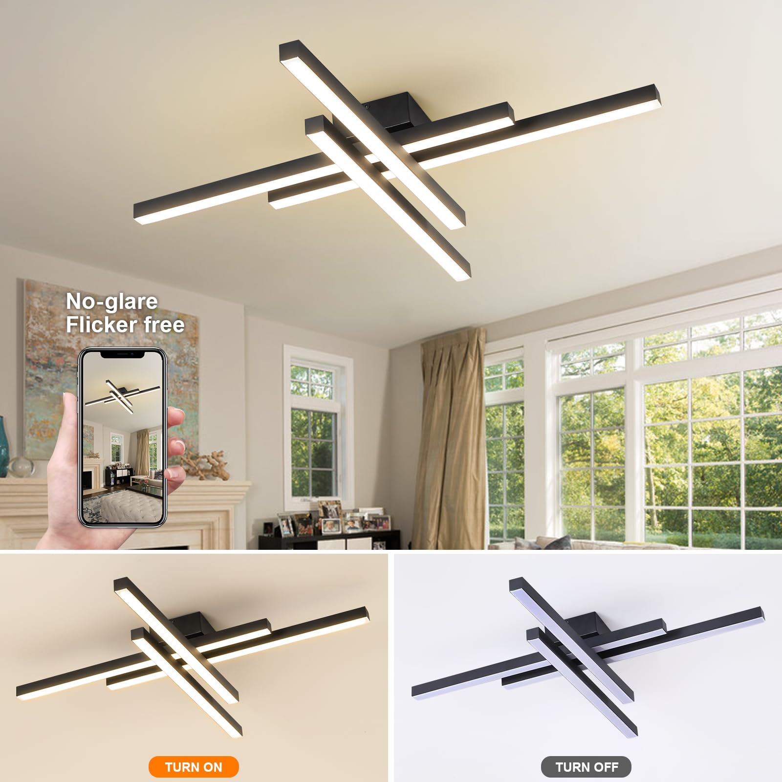 JAYMP Modern Ceiling Light, 43.3" Black Sputnik Lamp, 64W Dimmable LED, 4 Lights, Ideal for Dining Room, Living Room, Kitchen