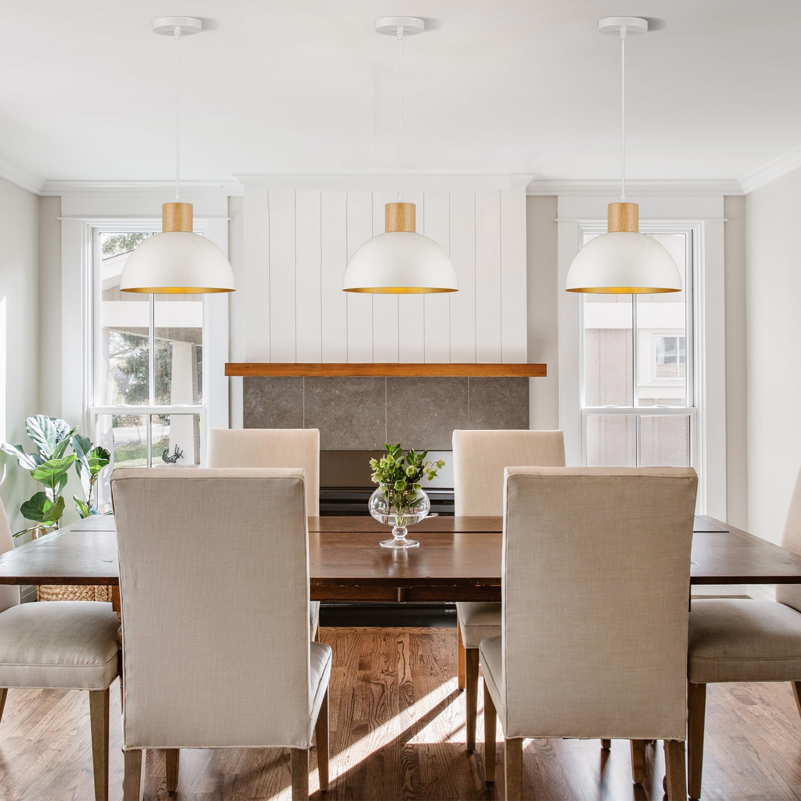 Qianzhan White Pendant Light, 11.8'' Wood Dome Pendant Lights Fixtures Adjustable Modern Hanging Lighting, For Kitchen Island Di