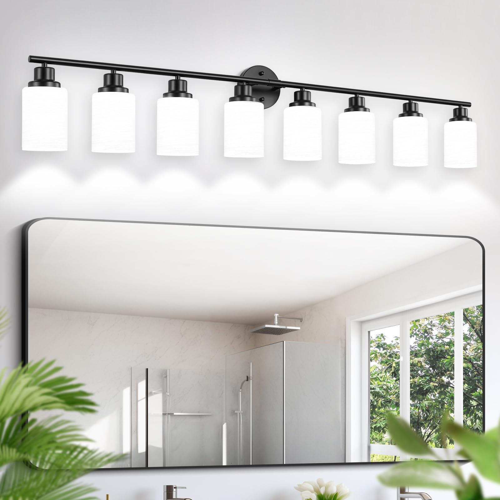 Guliaofo 8-Light Bathroom Vanity Light Fixture, Matte Black with Frosted Glass Shades, Modern Design