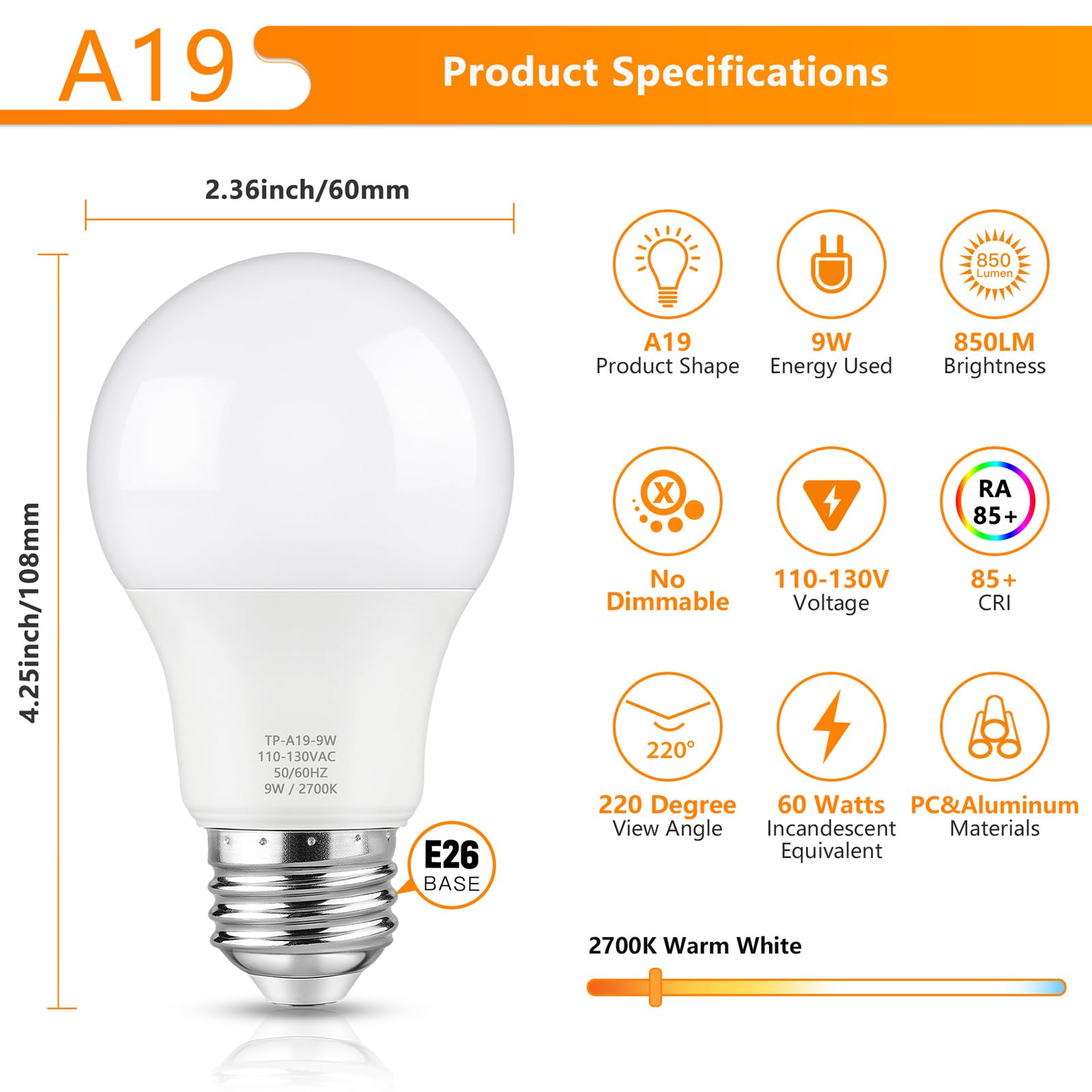 Maylaywood A19 Led Light Bulbs, 60 Watt Equivalent Led Bulb, Warm White 2700K, 850 Lumens, E26 Base, Non-Dimmable, 9W Bright White Led Bulbs, 12-Pack