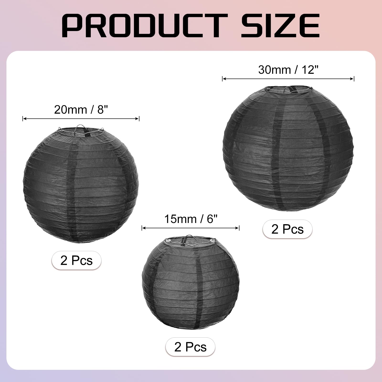 Meccanixity 6Pcs Paper Lanterns Decorative, 6'' 8'' 12'' Black Round Hanging Lantern Chinese Lanterns For Home Decor, Birthday,