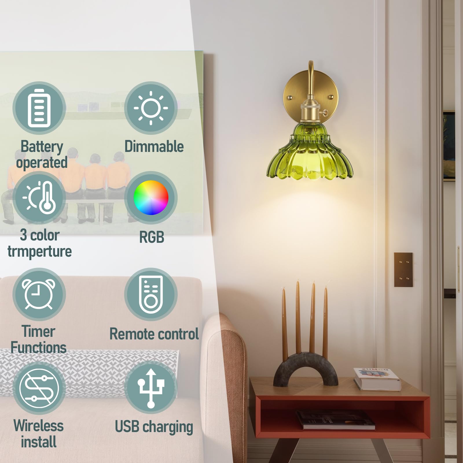 EIDEARAY Vintage Battery Operated Wall Sconces, Rechargeable Wireless RGB Lamps, Dimmable Remote, Brass Green Glass, Model WL-FBBL-DG