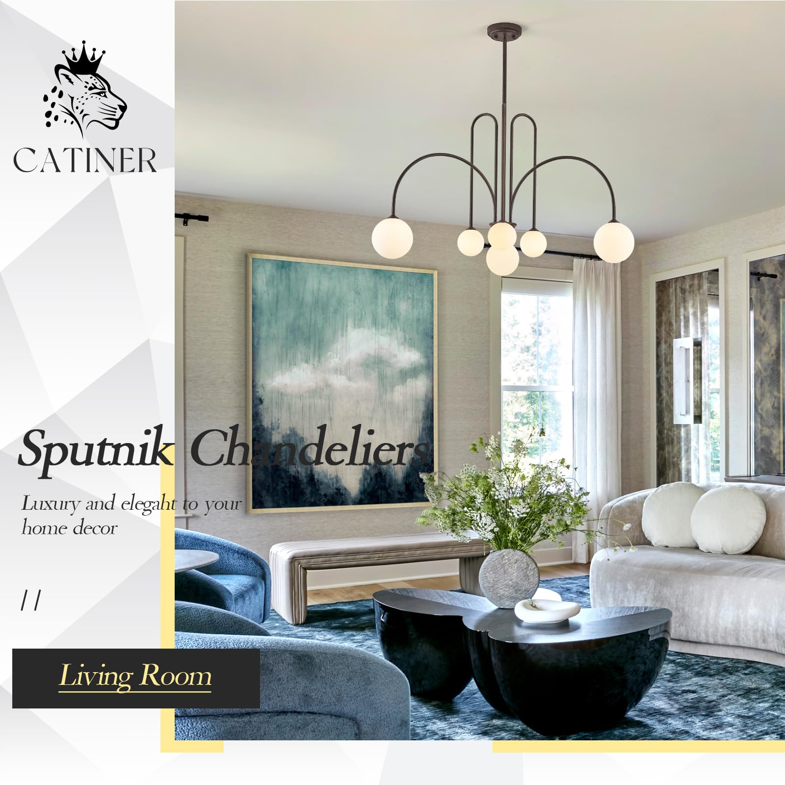 CATINER Sputnik Chandelier, 6 Lights, Brown Bronze Metal, Mid Century, 40” Globe Shades, Modern Ceiling Pendant Light for Dining Room