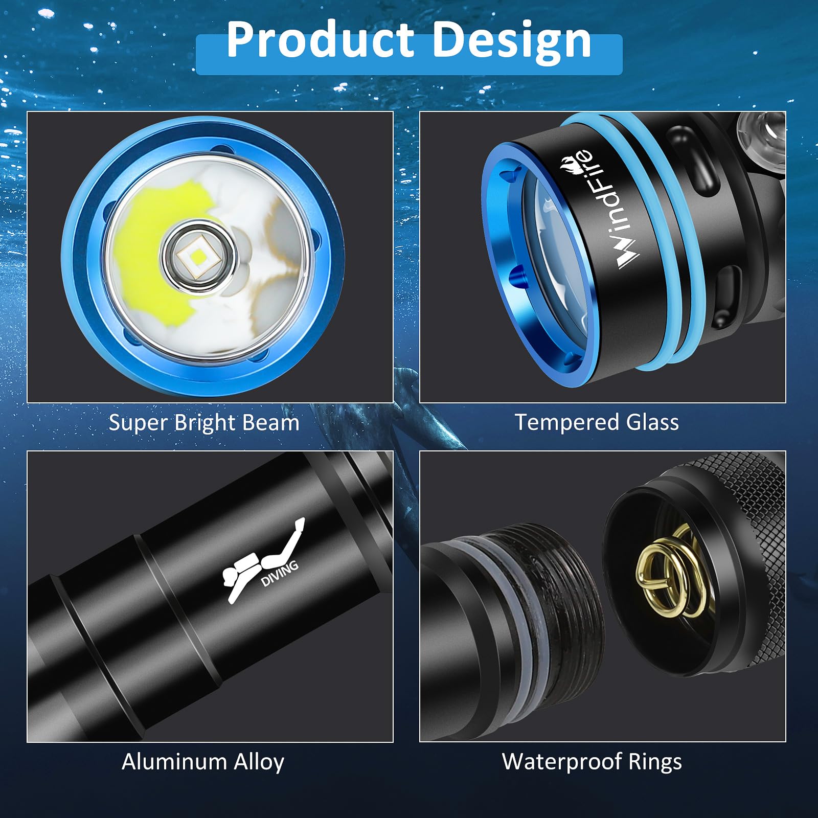 Windfire Dive Light - Super Bright Rechargeable Diving Flashlight With 4 Modes & Power Indicator  Narrow Angle Focused Beam  Waterproof Torch For Snorkeling  Scuba Diving & Underwater Exploration