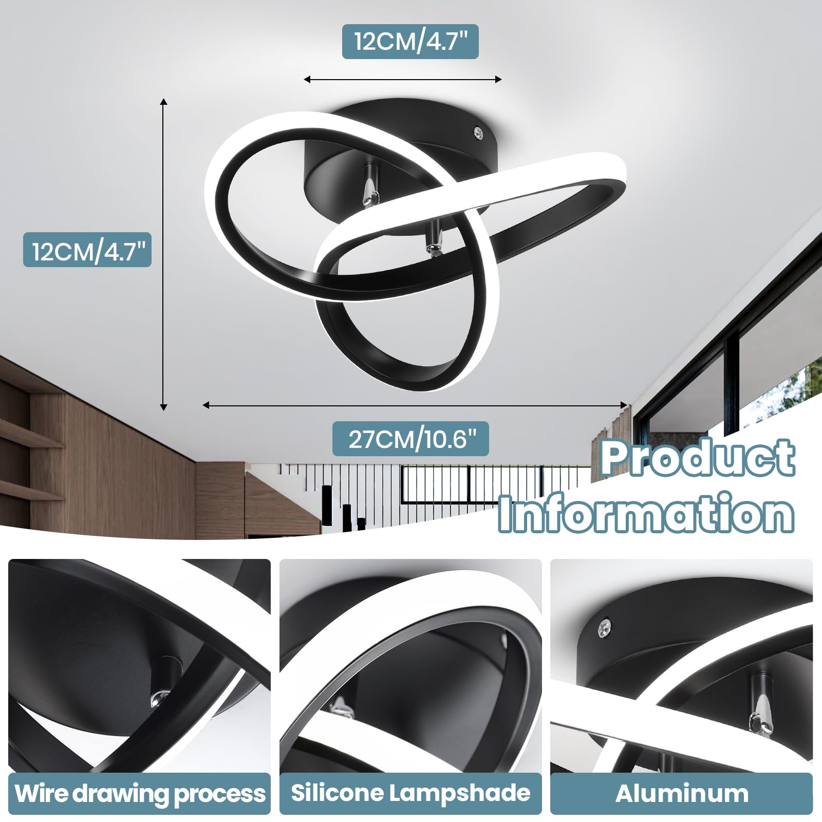 Caneoe Black Modern Ceiling Light Fixtures 6000K Semi Flush Mount Ceiling Lights Hallway Light Fixtures, Acrylic Ceiling Lamp Fo