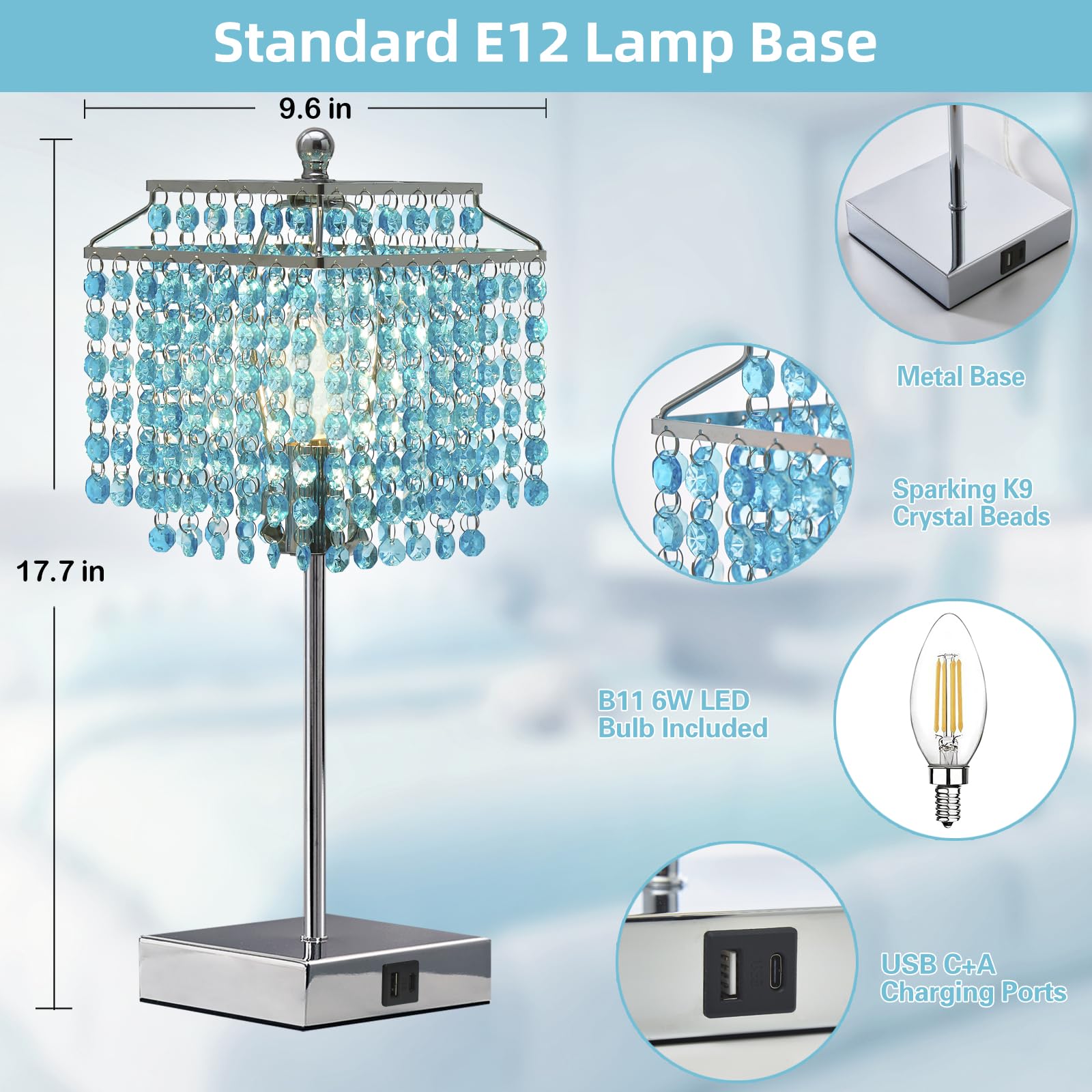 Luvkczc Crystal Table Lamp With Touch Control, Bedside Crystal Table Lamp With Usb C+A Ports, 3-Way Dimmable Lamp With Crystal S