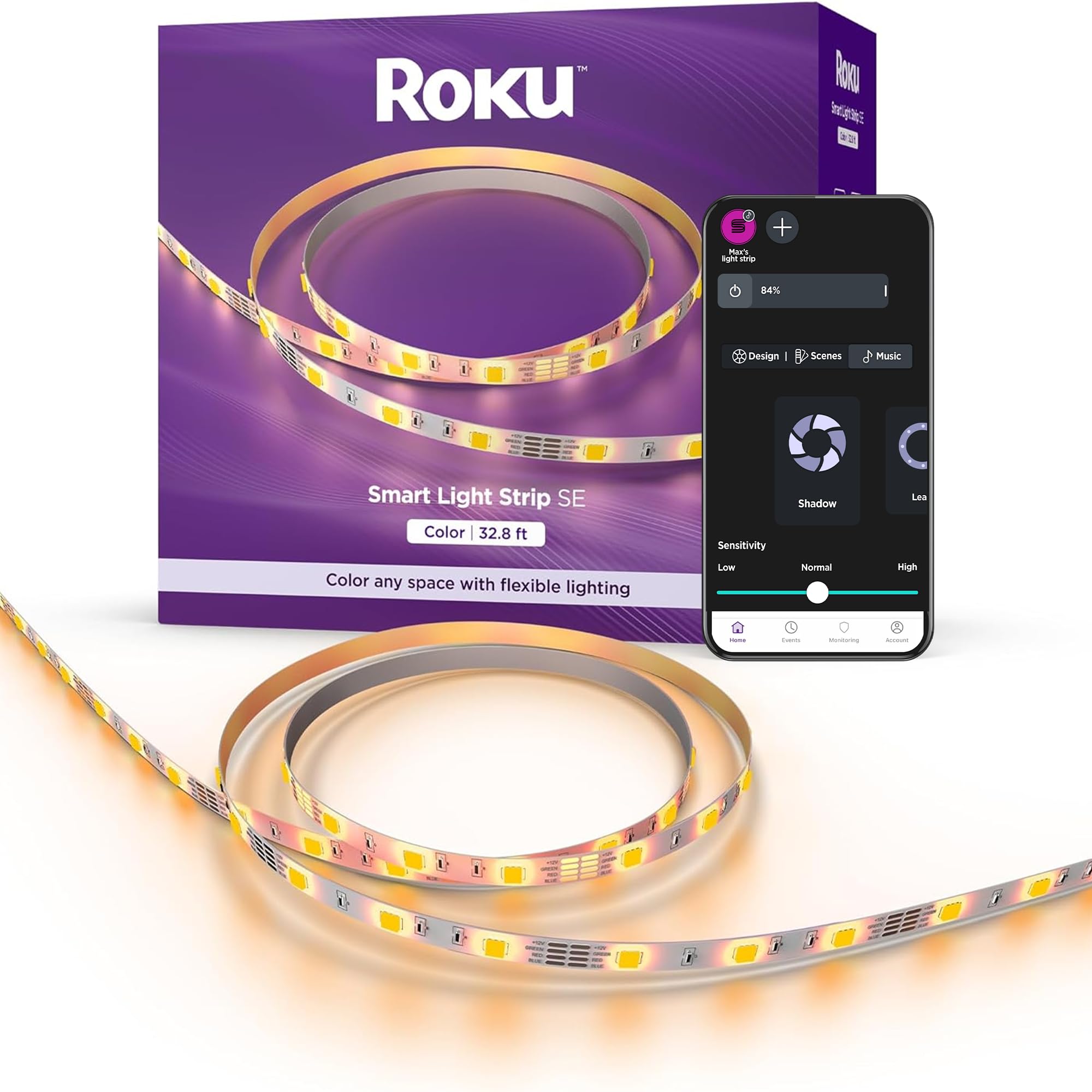 Roku Smart Led Light Strip, 32.8Ft - Color Options With Adjustable Brightness & Temperature - Peel & Stick Wifi Smart Strip Lights Works Voice, Alexa & Google Assistant - Smart Home Products