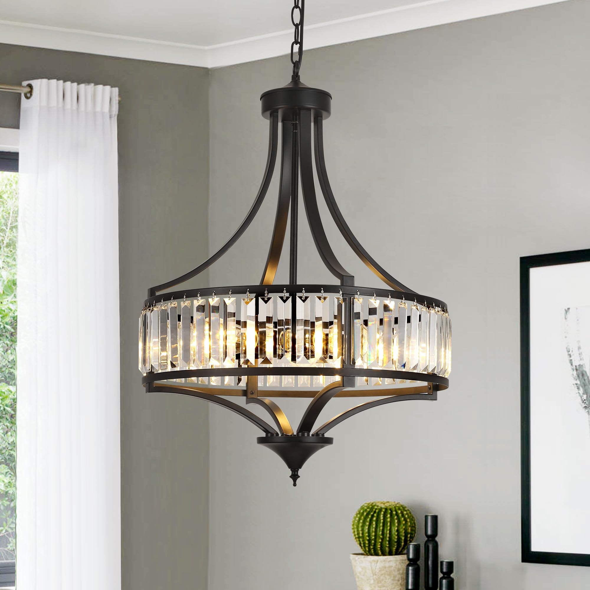 Cnratye 20'' Modern Farmhouse Crystal Chandeliers For Dining Room, 5-Light Black Antique Pendant Chandelier, Contemporary Hangin
