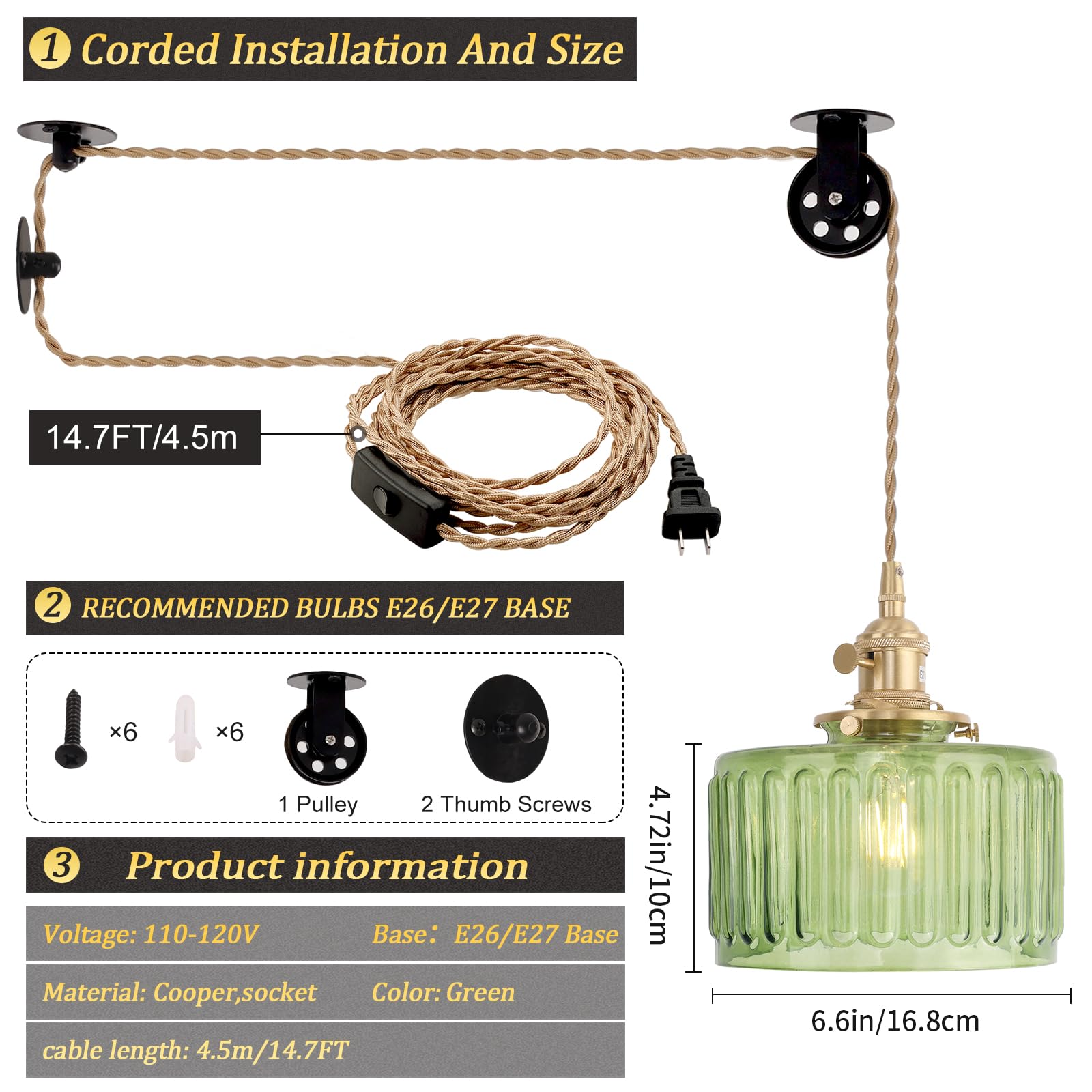 Shenmoyl Plug In Pendant Light Hanging Light Fixture Corded On/Off Switch Brass Pendant Light With Green Striped Glass Lampshade