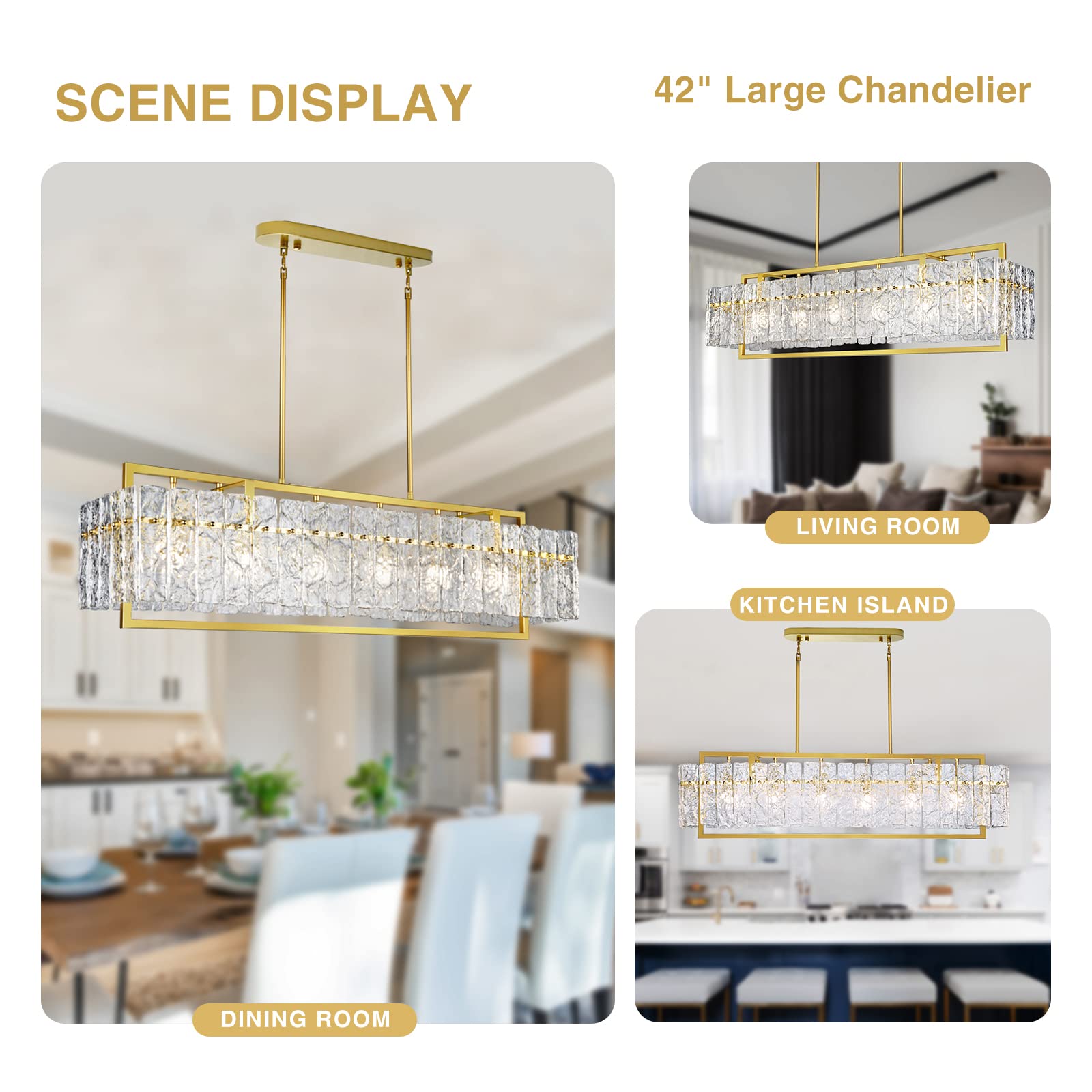 Ikk Modern Rectangle Gold Crystal Chandeliers For Dining Room, 42'' Large Rectangular Water Ripple Glass Island Light Fixture, E