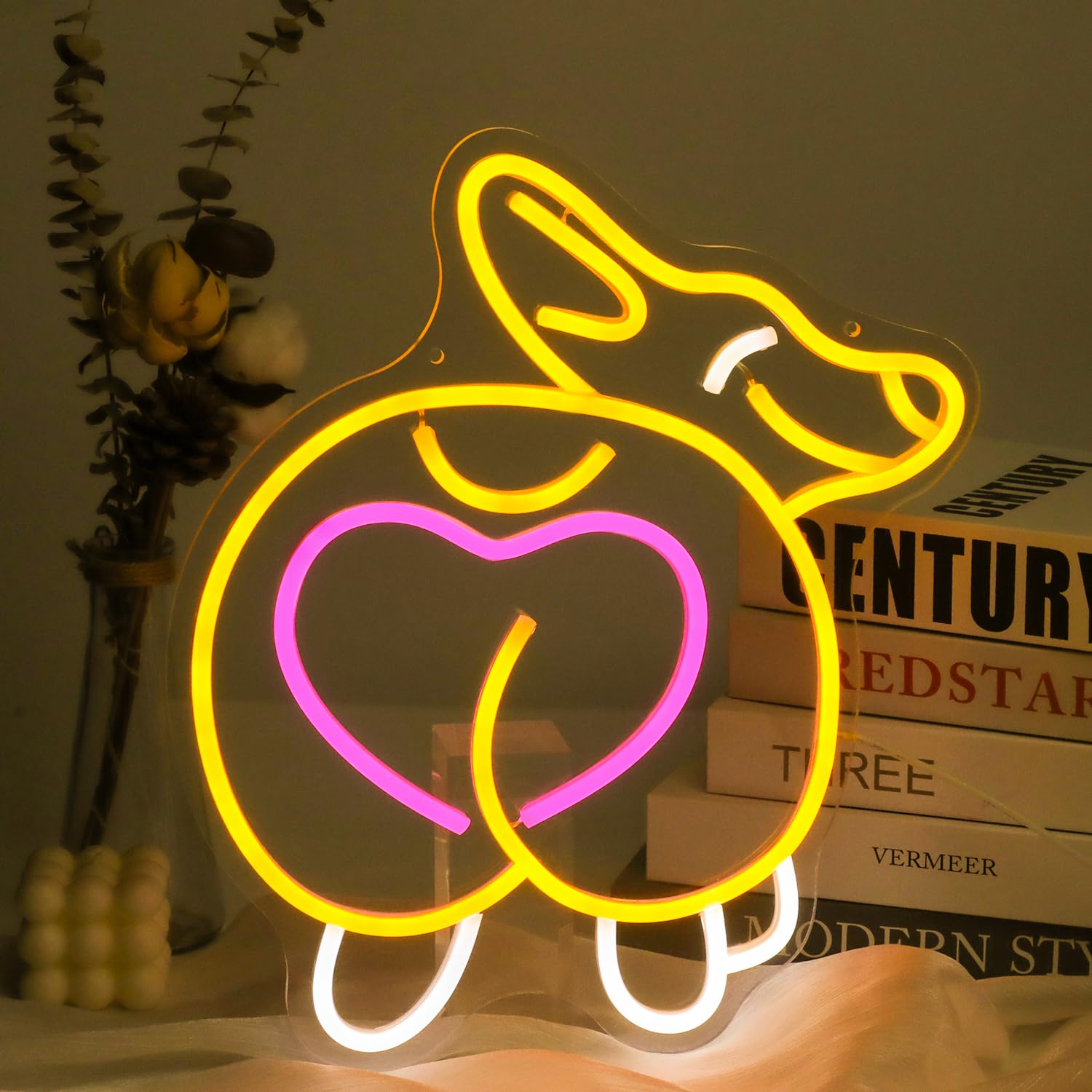 CKTBLEY Corgi Neon Sign, Acrylic, USB Powered, 14.9 x 12.9 inches, Orange Pink, Modern Decorative Wall Art for Home and Office