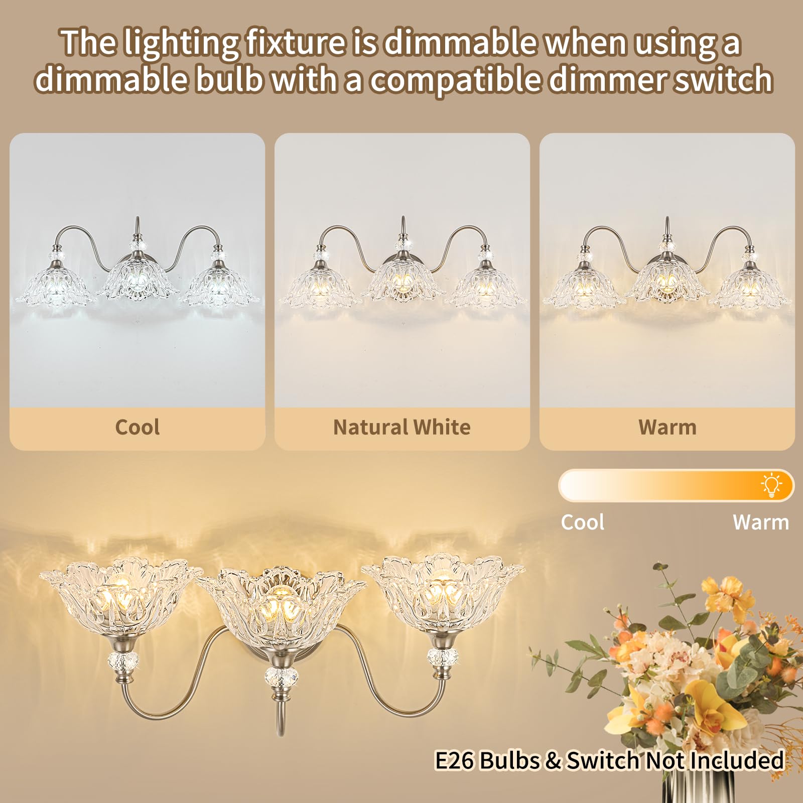Sunkryster Brushed Nickel 3-Light Bathroom Vanity Light with Floral Glass Shades, Metal Wall Mount Lighting