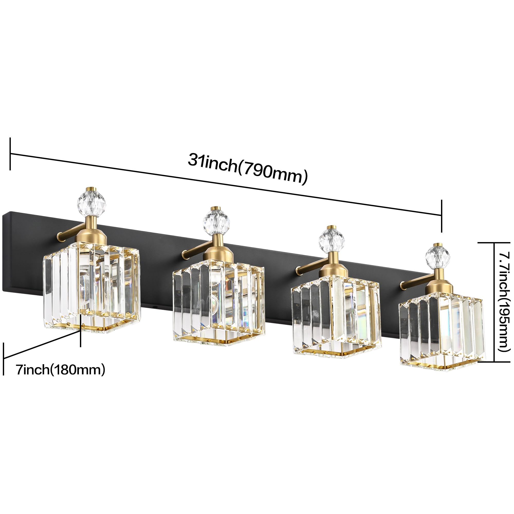 PRESDE Crystal Vanity Light 4 Lights Modern Stainless Steel Black+Gold Square Bathroom Fixture