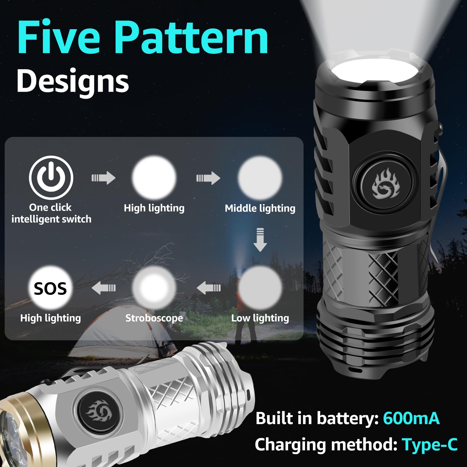2Pcs Three-Eyed Monster Mini Flashlight, German Three-Eyed Monster Mini Flash Super Power Flashlight, Pocket Flashlight With Clip, Mini Torch Led Flashlight, Portable Mini Pocket Torch (Black+Silver)