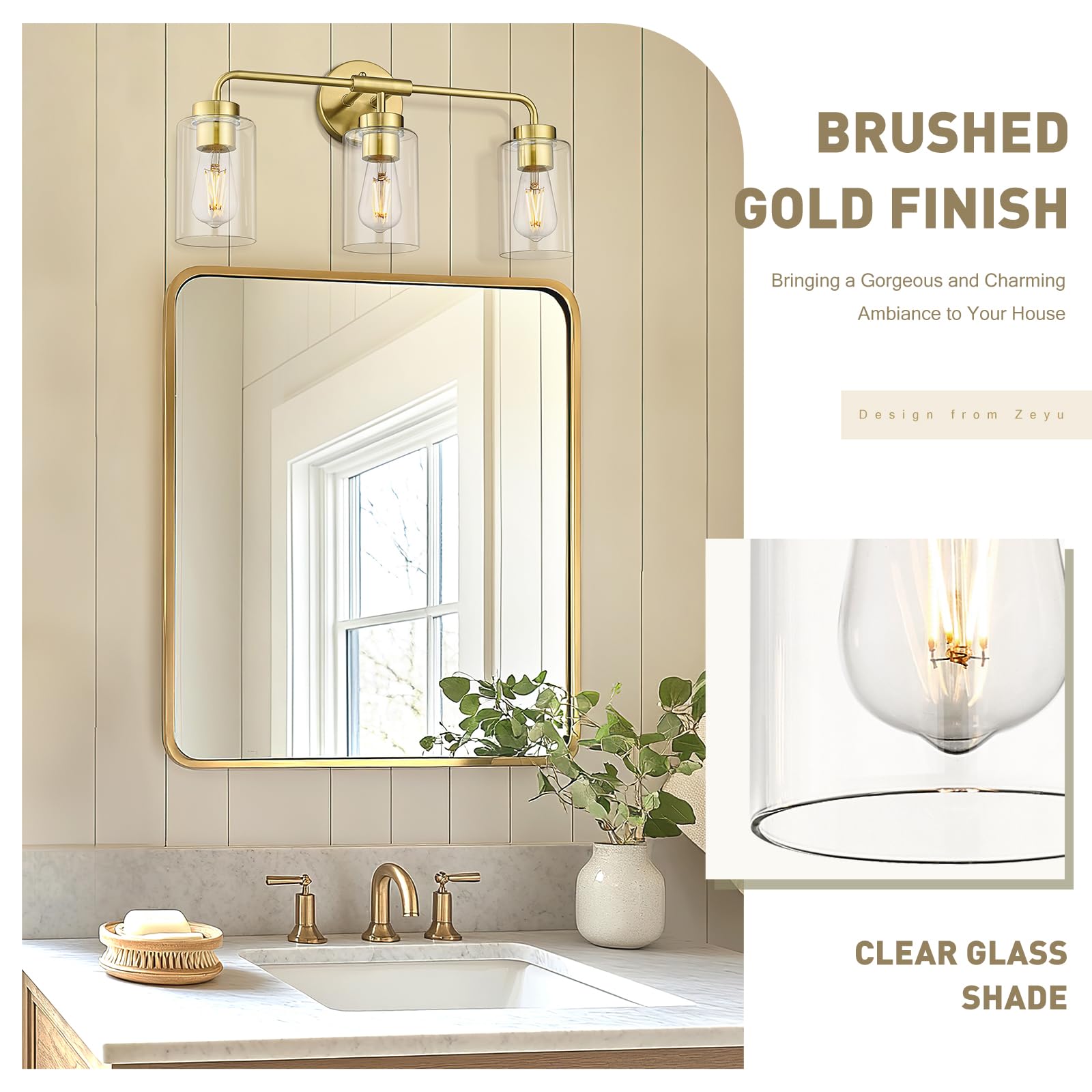 zeyu 3-Light Vanity Lighting Fixture, Modern Metal Over Mirror Light, Brushed Gold, Cylinder Clear Glass Shade, Model ZS62B-3W BG