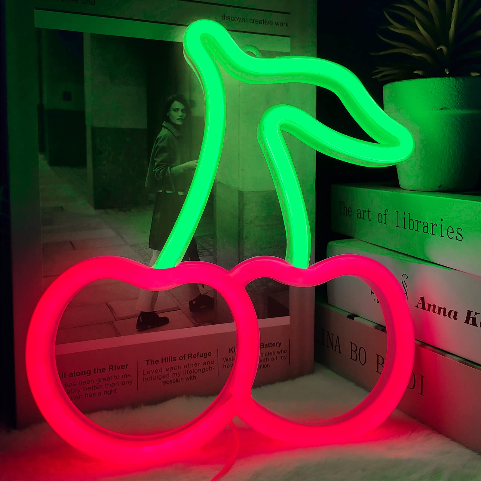 BerniceKelly Cherry Neon Sign - Red Green Cherries LED Wall Decor, 22.5inx7.5in, Cute Fruits for Kids Room, Restaurant, Bar, Home