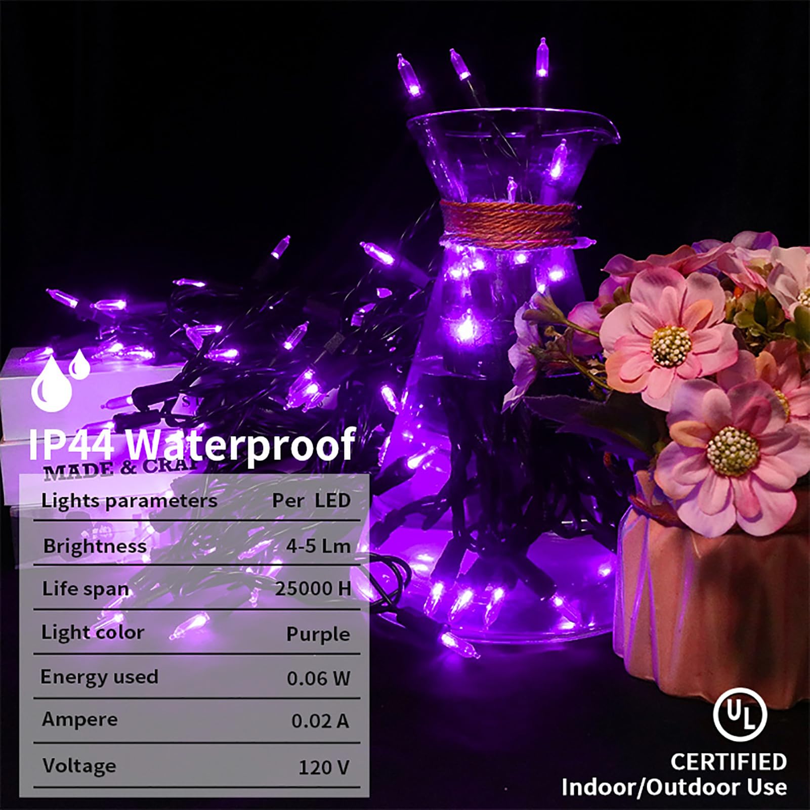 MULTI-SPARKING Purple Halloween LED String Lights - 100 Count, 33ft Black Wire, UL Certified, Connectable, 2 Pack