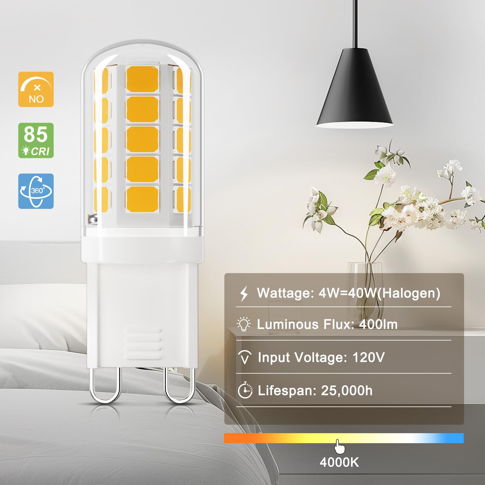DiCUNO G9 LED Bulb 4W 400LM Natural White 4000K Pack of 6 Non-Dimmable Bi-pin Base Replacement
