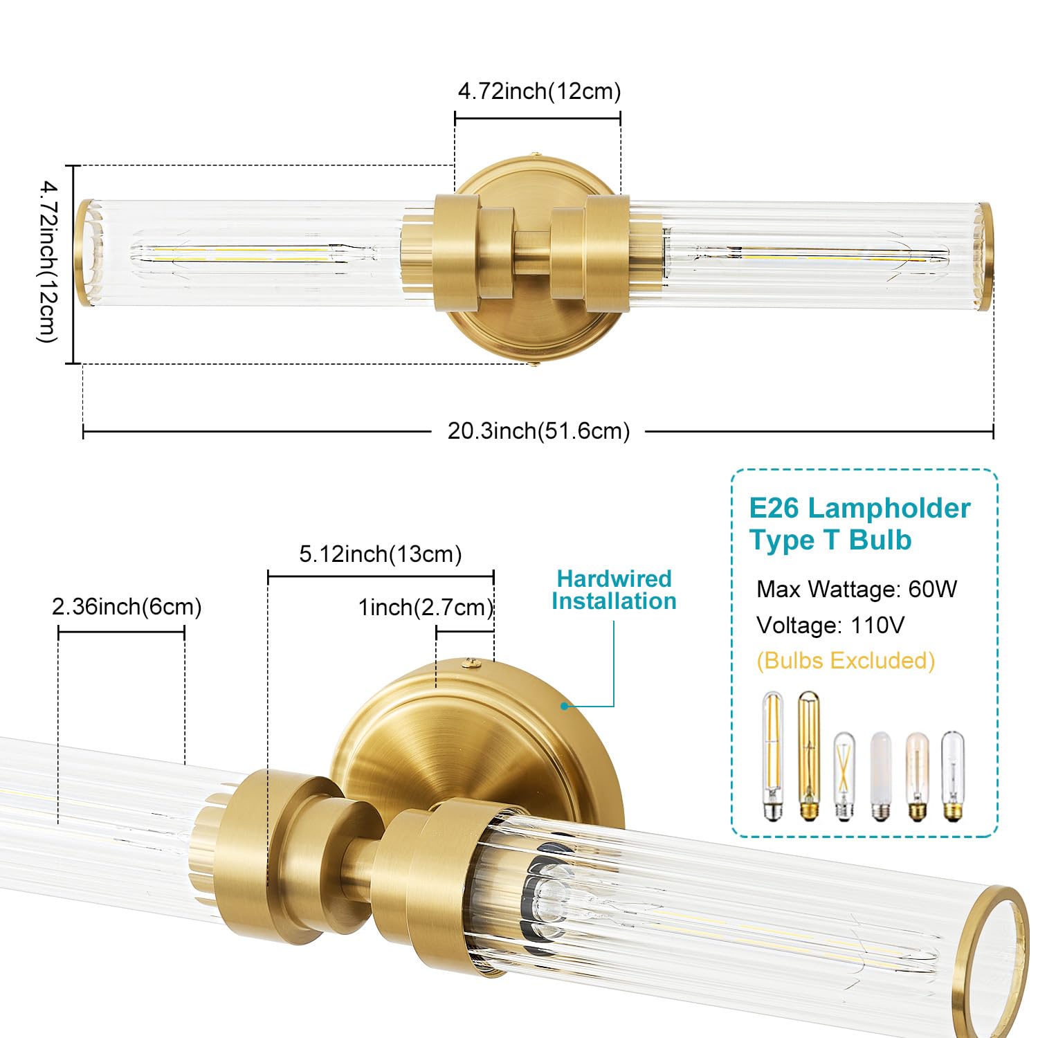 Vaziden Gold Threaded Glass Bathroom Light Fixtures, Modern Wall Sconce, Up & Down Lighting for Vanity, Living Room - Bulb Not Included