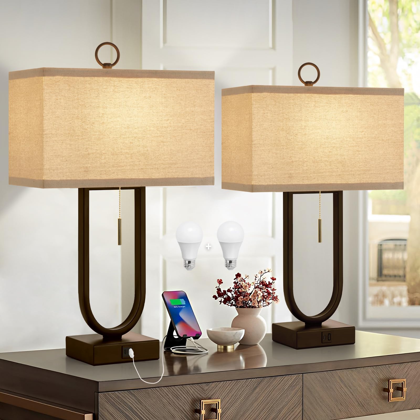 Luvkczc Nightstand Lamps Set of 2 with USB C+A Ports, 24'' Tall Table Lamp with Two 3000K LED Bulbs, Beige Lampshade, Modern Bedside Lamp for Living Room, Bedroom, Office