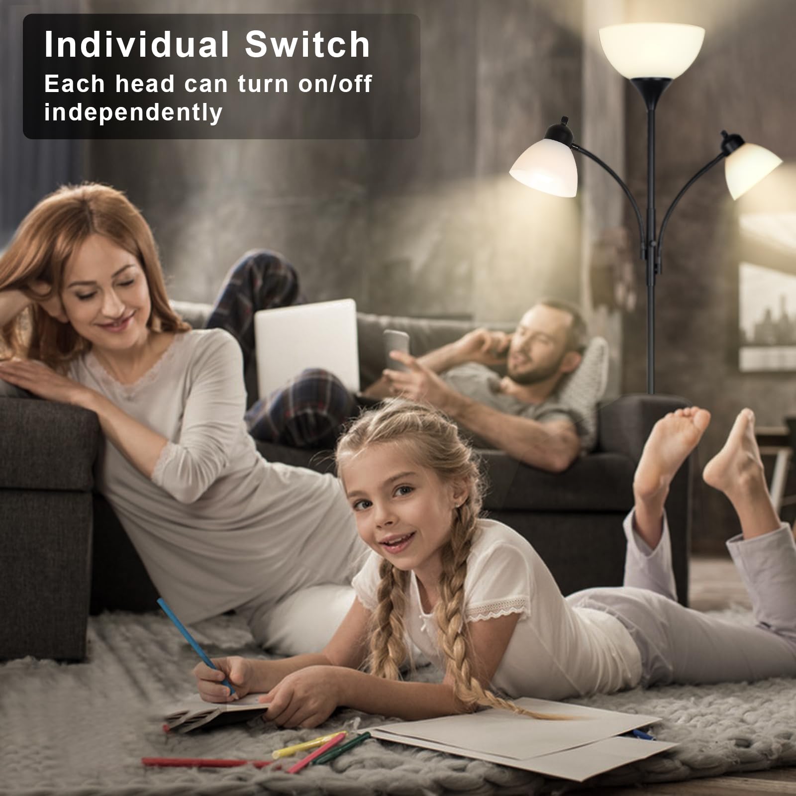 Rislg Floor Lamps For Living Room,Standing Lamp With Stepless Dimming, 3 Lights Adjustable Reading Lights, Morden Tall Lamps For