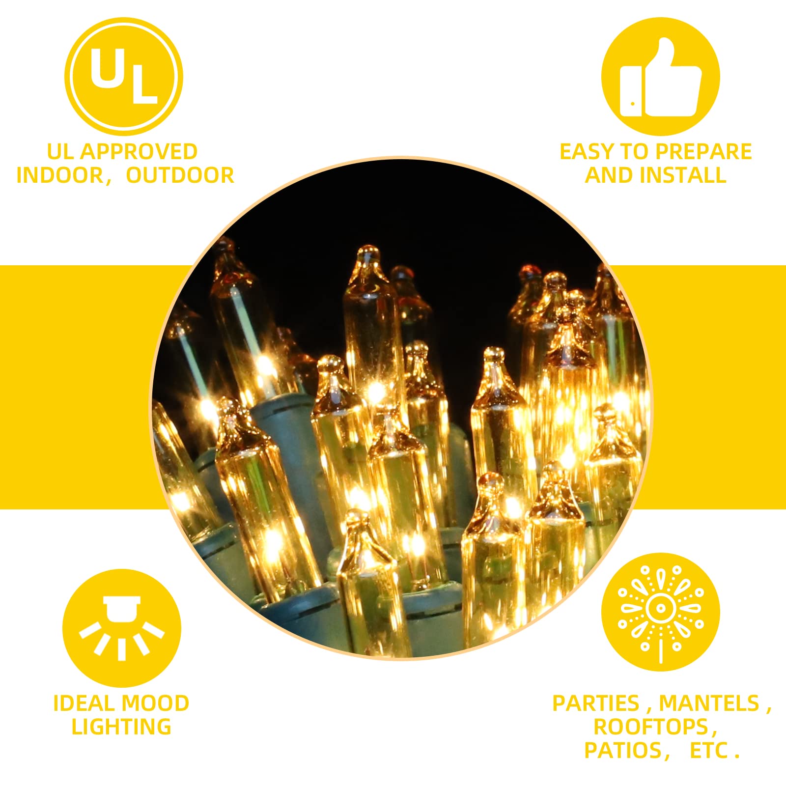 Xmashome 19.6Ft Green Wire Yellow String Lights, 100 Count Incandescent Christmas Lights (Yellow, 100 Lights)