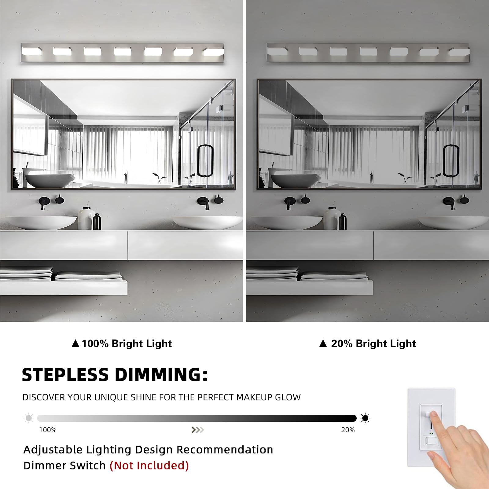 Bicrink 7-Light Bathroom Vanity Light Fixture Over Mirror  Nickel Led Vanity Lighting Fixtures  45.67 Inch Modern Bathroom Wall Light Fixtures With Rotating Lamp Head