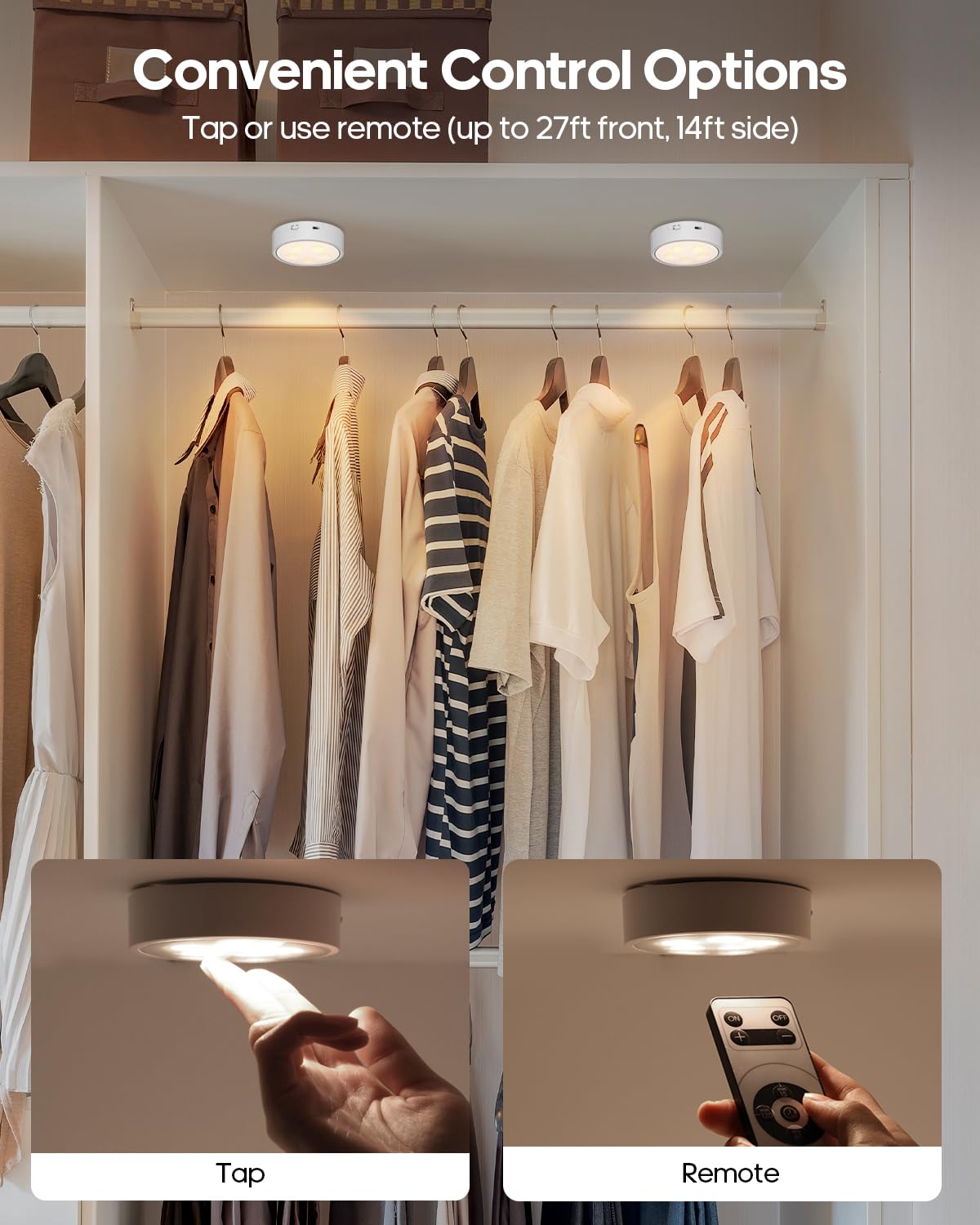 Puck Lights With Remote Control,Under Cabinet Lighting Magnetic,Led Closet Lights Rechargeable,Dimming Tap Light, Stick On Light