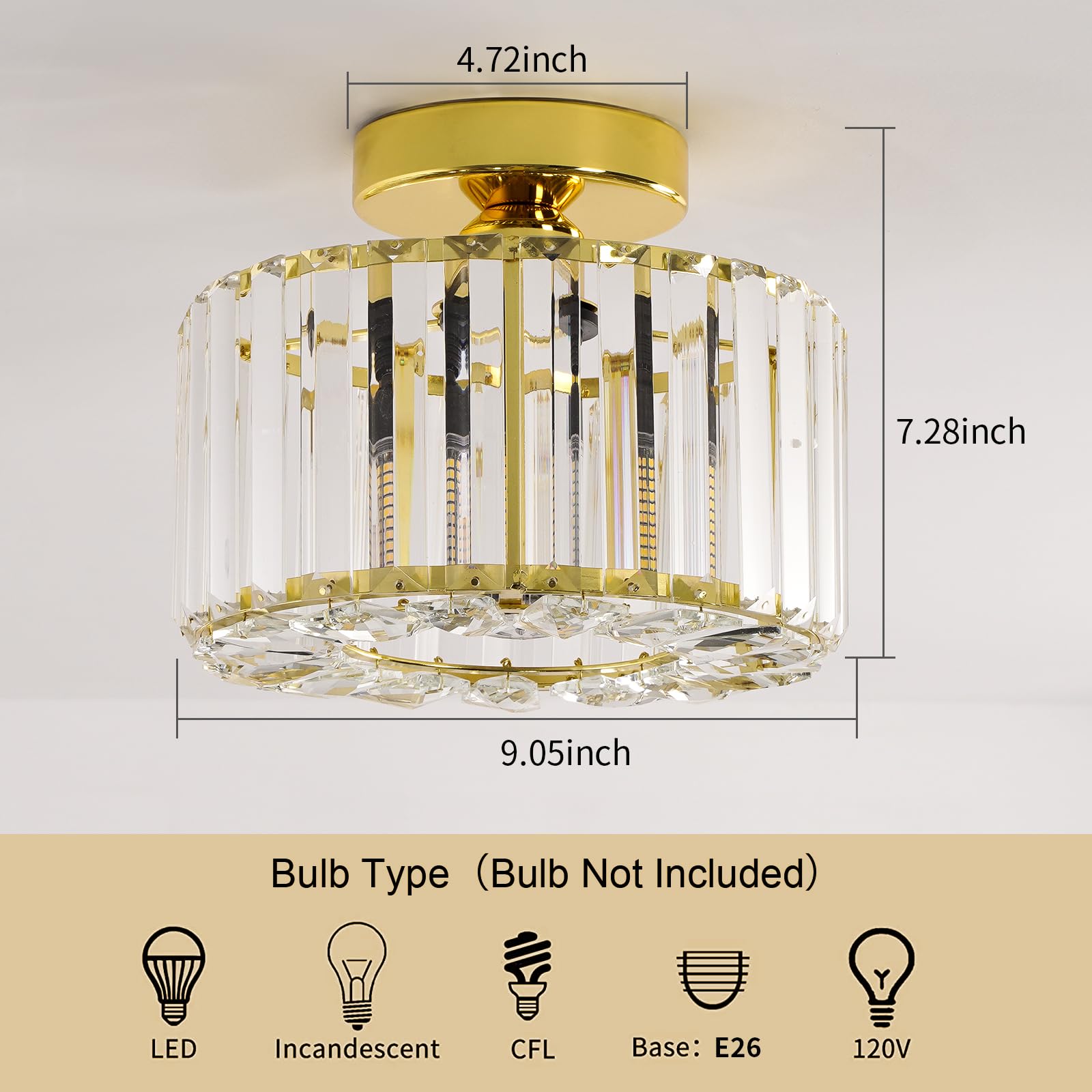 Frideko Home Semi Flush Mount Ceiling Light - Hallway Light Fixtures Ceiling Crystal Chandelier Gold Bedroom Chandelier For Entr