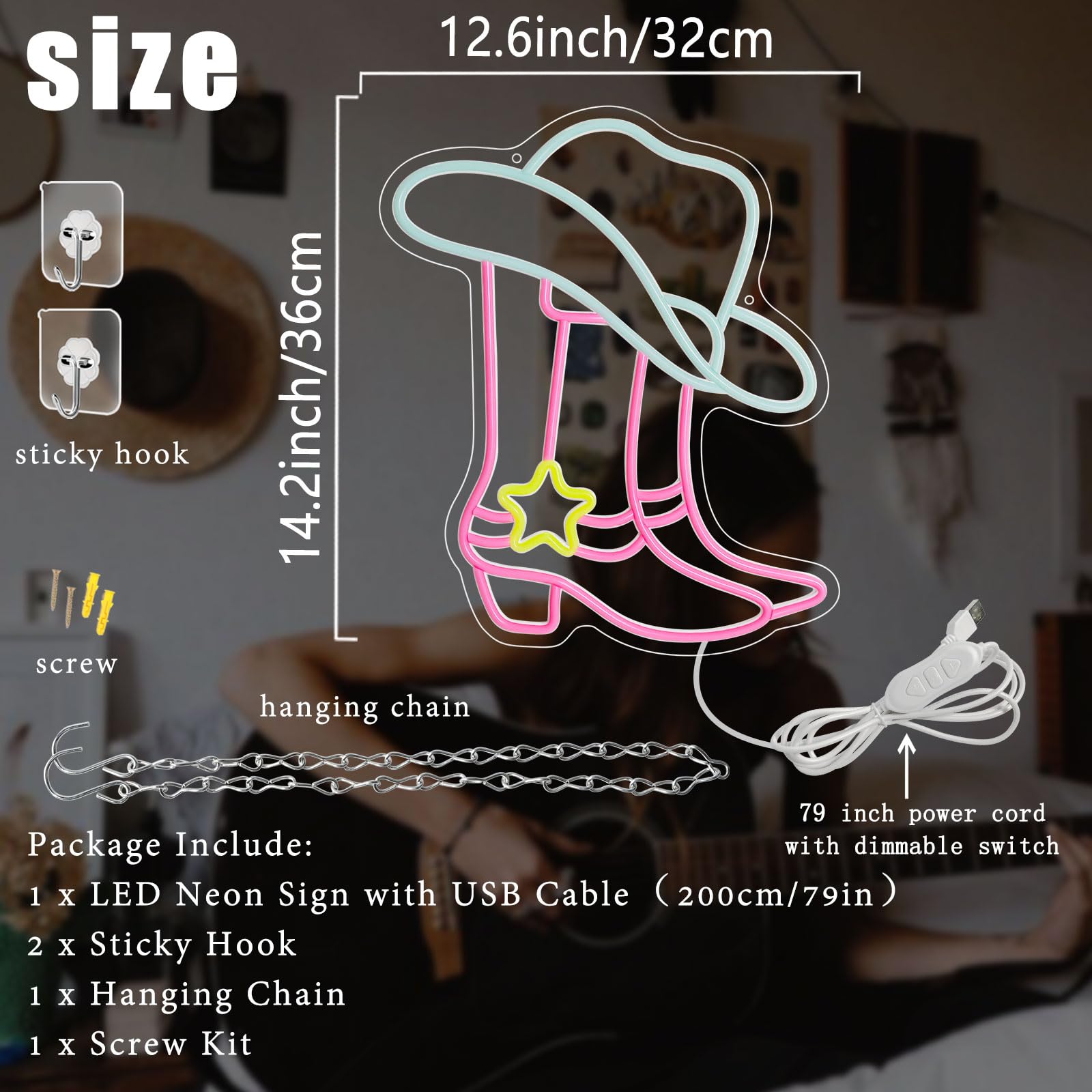 Nen Sign Cowboy Boot Neon Light, USB Powered LED Sign for Wall Decor, Pink Western Cowgirl Design