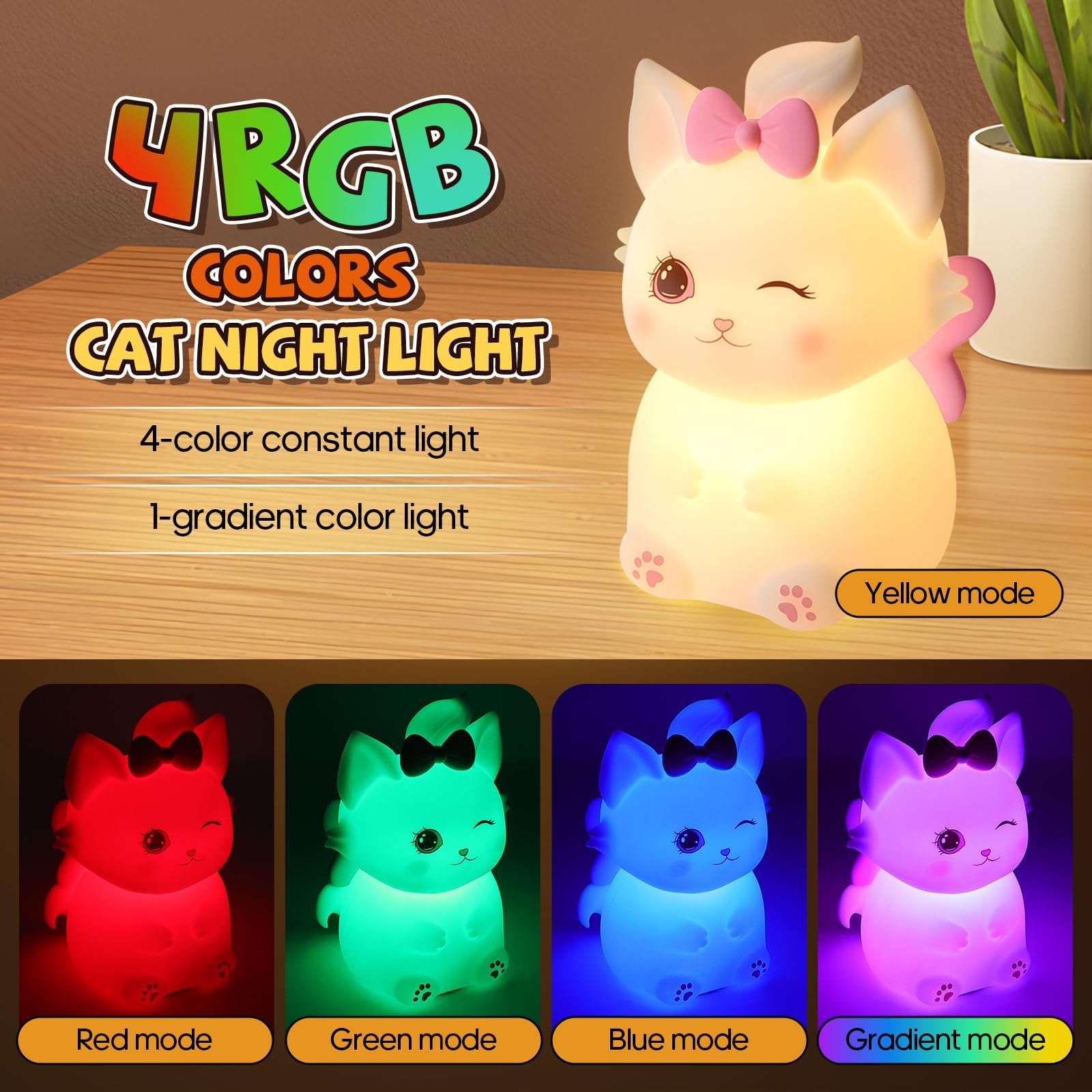 Cute Cat Night Light For Kids  7 Color Changing & Dimmable  Super Squishy Silicone Usb Rechargeable Lamp  Portable Nursery Light & Kawaii Gift For Baby  Boys  Girls & mature-themeds  For Bedroom Decor