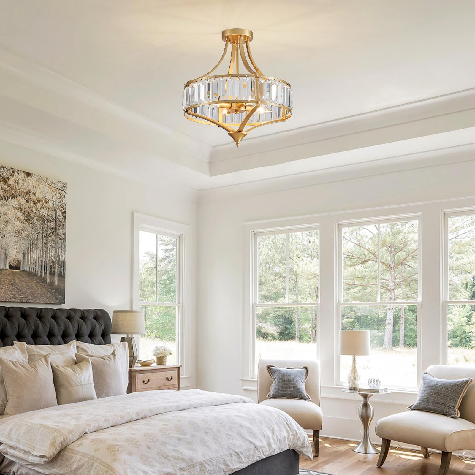 Modern Crystal Chandelier 4 Lights Gold Semi Flush Mount Ceiling Light Fixture E12 Base Farmhouse Chandelier For Dining Room Bed