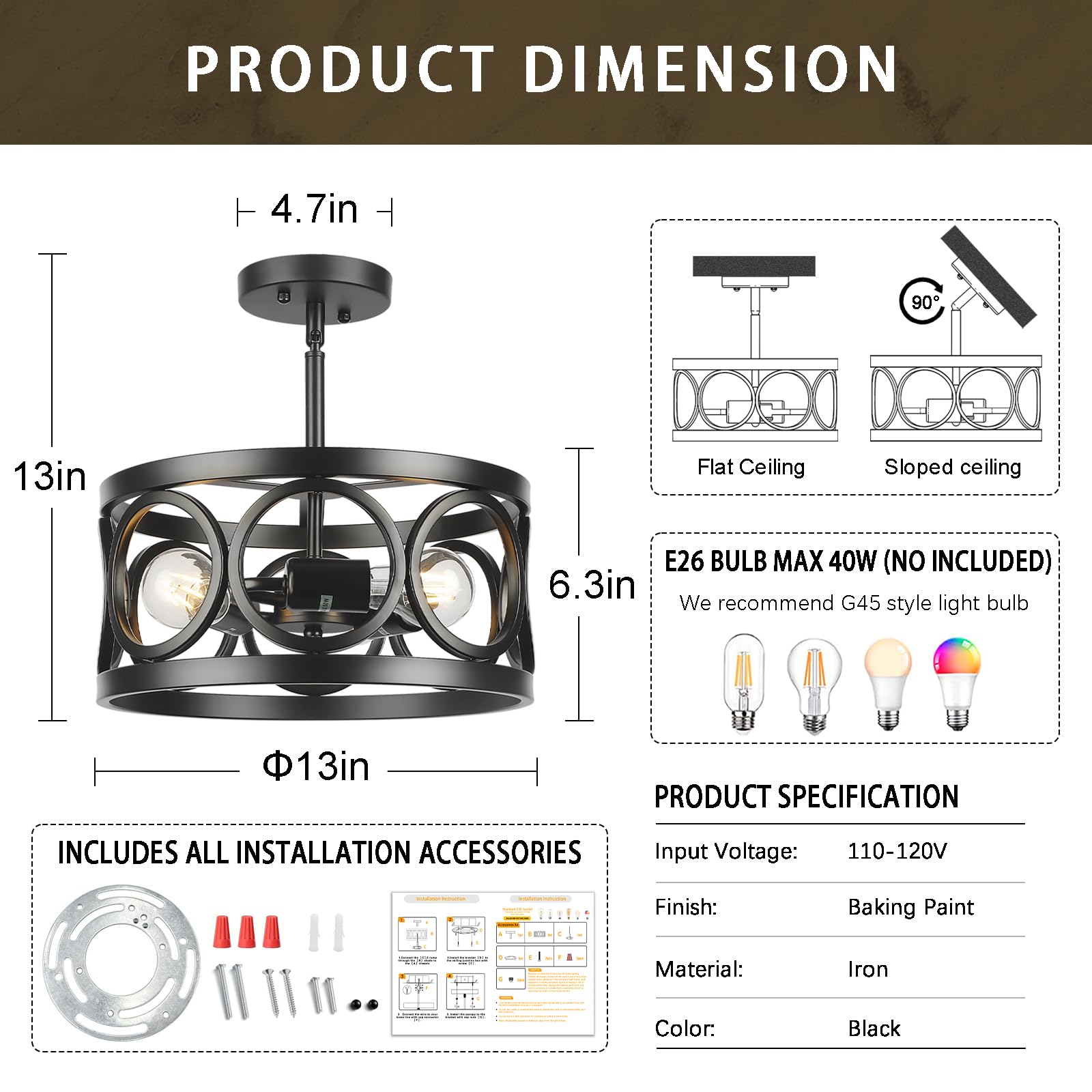Qianzhan Farmhouse Semi Flush Mount Ceiling Light,3-Light Industry Black Sloped Ceiling Light Fixtures D13 Inches Drum Metal Lig