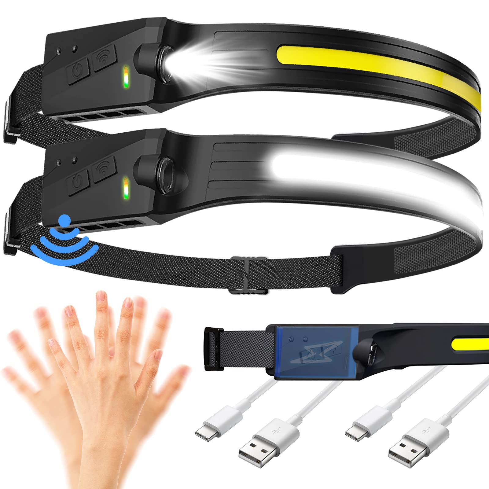 Inwosney Led Headlamp 2 Pack, Rechargeable Motion Sensor, 270° Wide Beam, Waterproof For Outdoor Use