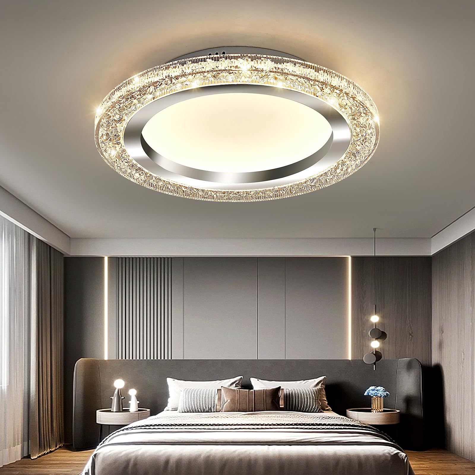 Uofus 32W Led Flush Mount Ceiling Light Chrome 15.7Inch Modern Round Ceiling Light Fixture 3000K-6000K Dimmable Super Bright Cir