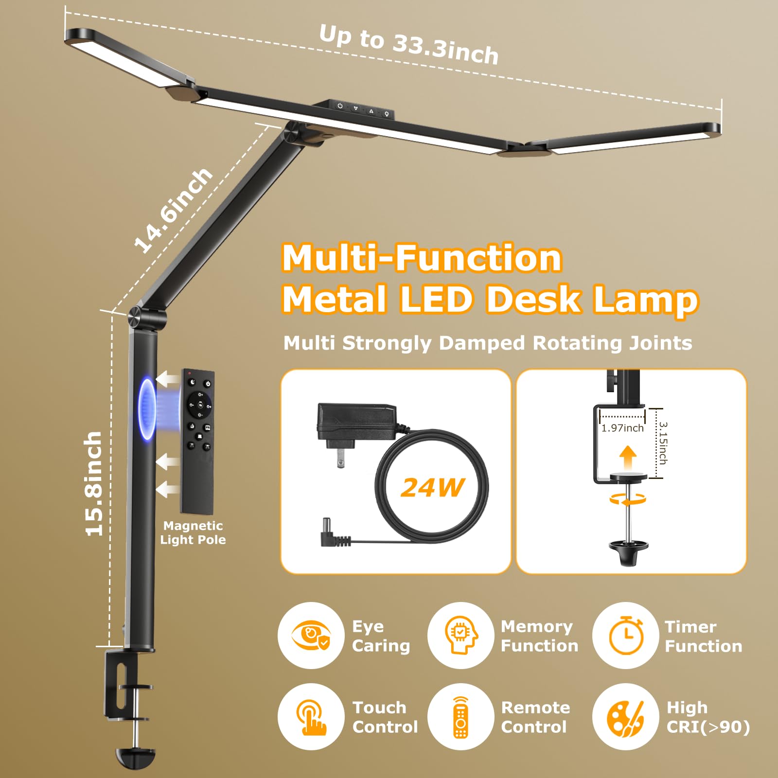 Airlonv Led Desk Lamp With Clamp, Architect Desk Lamp For Home Office With Remote, 24W Ultra-Bright Desk Light With Stepless Dim