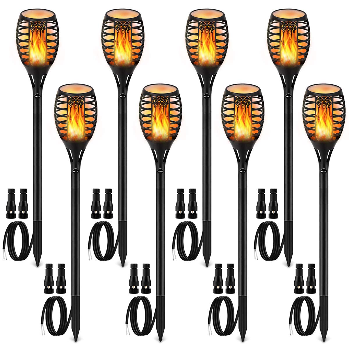 LUYE Low Voltage Torch Landscape Lights Wired Flickering Flames Torches Pathway Lights 12V Outdoor Torch Lighting with Connector Waterproof Landscape Lighting for Christmas Yard Decoration (8Pack)