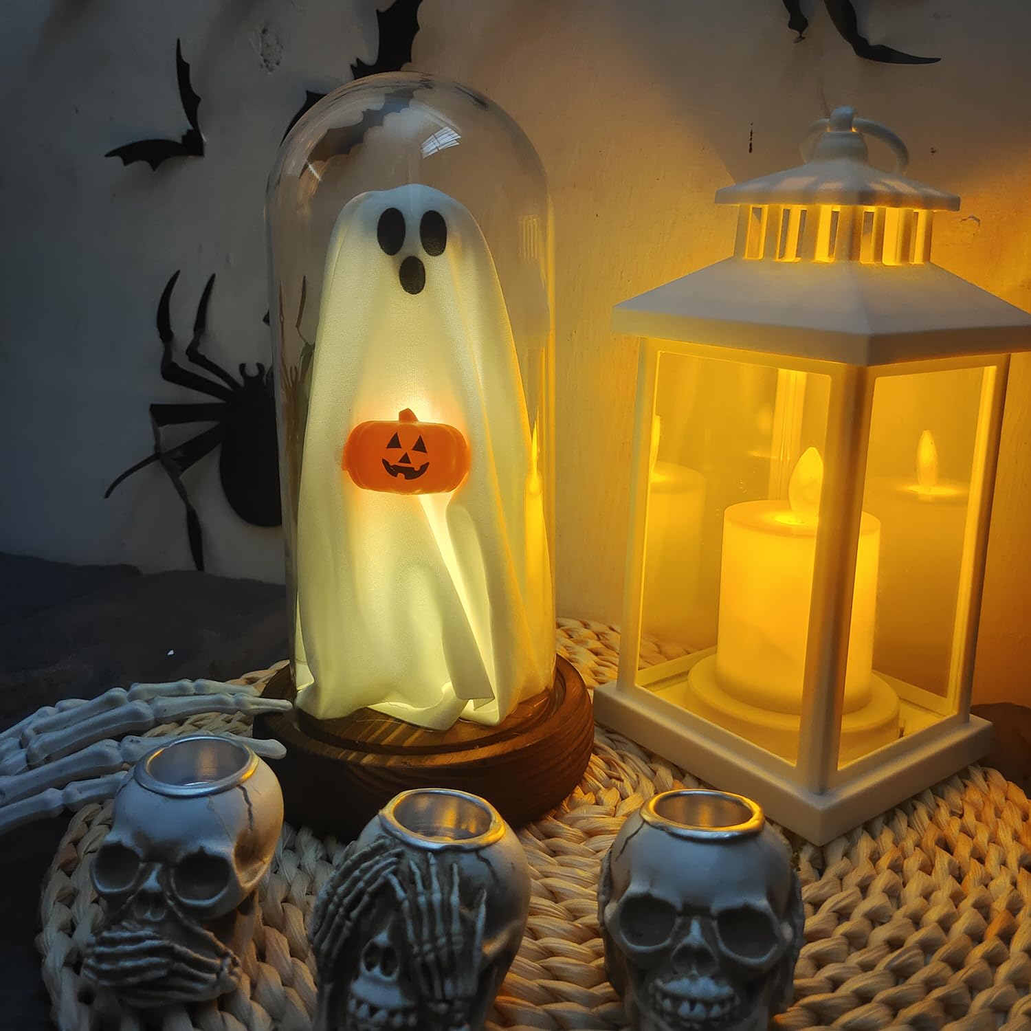 Generic Halloween Ghost Lamp - Light Up Glass Decoration with Remote Control - Small - Pumpkin