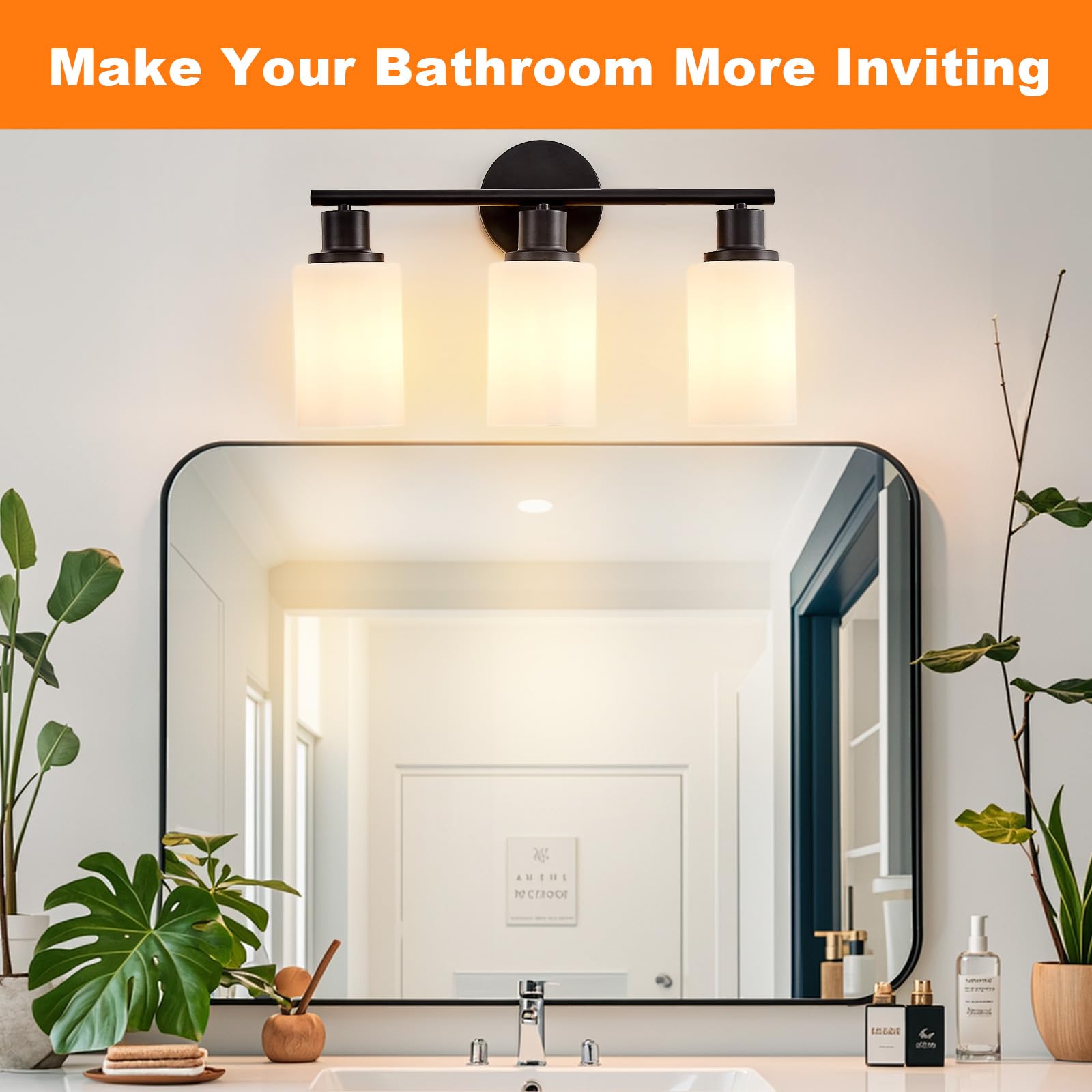 DINGLILIGHTING 3-Light Bathroom Light Fixtures - Black Metal Vanity Lights with Milky White Glass Shade, Model SF20250921B0FBS1RCRT