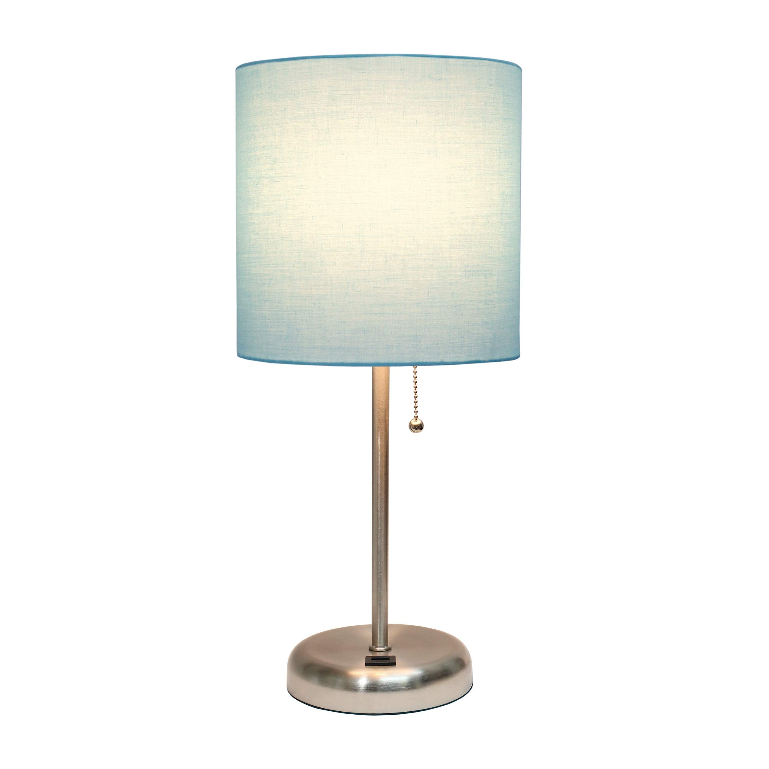 Simple Designs Lt2044-Aqu Brushed Steel Stick Table Desk Lamp With Usb Charging Port And Drum Fabric Shade, Aqua Shade