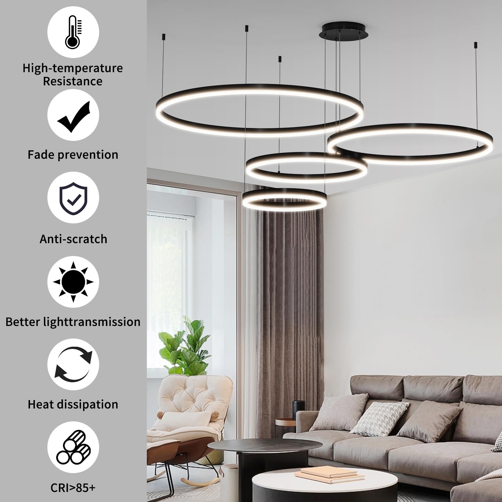 Mikeru Modern LED Chandelier Light, Adjustable 3000K-6500K, 15.7-39.5IN, Aluminum, Black, Model NXF-BGZDD