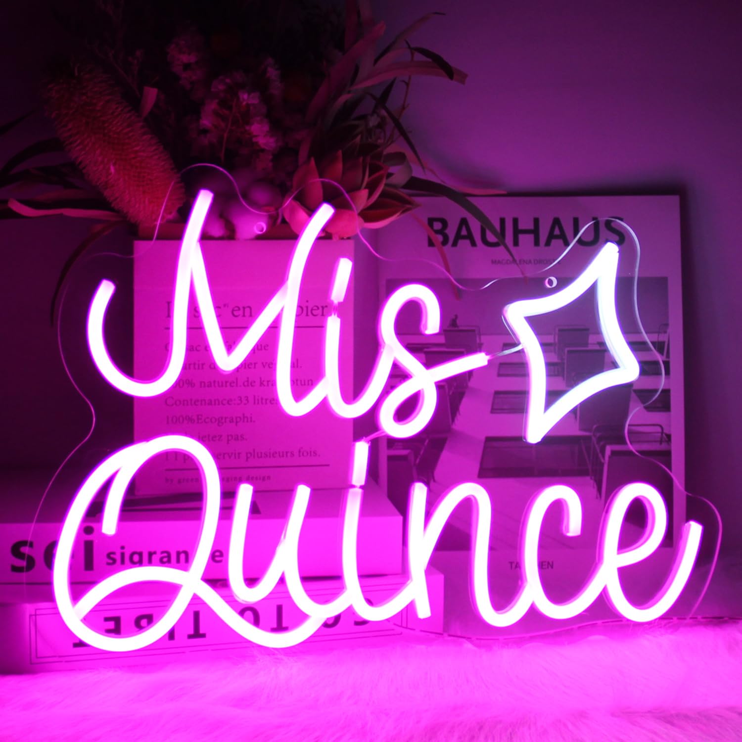 Mis Quince Neon Sign Happy 15th Birthday Neon Signs for Wall Sweet 15 LED Neon Light Sign Pink White Star Neon Lights Letter Neo