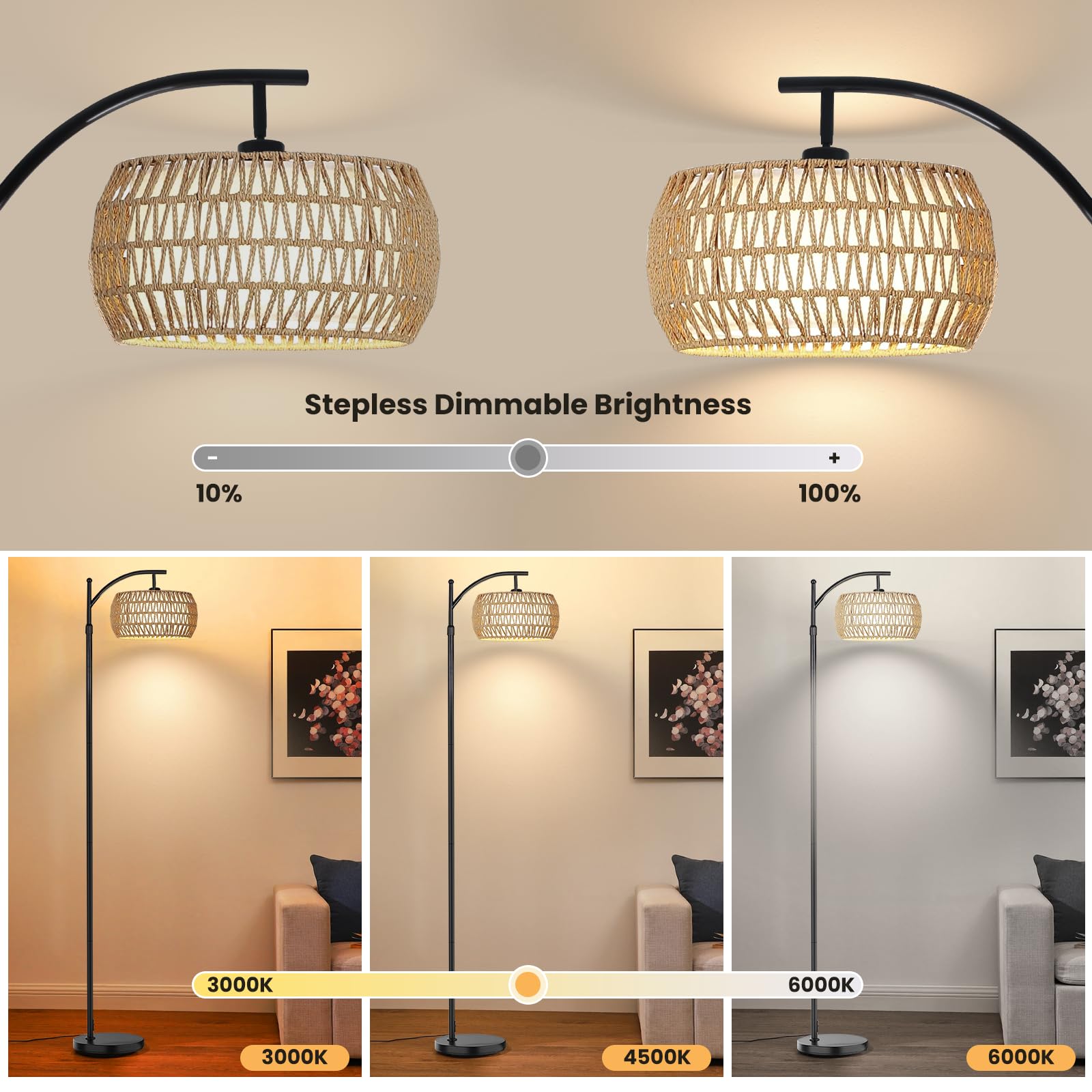 Yusist Arc Floor Lamp For Living Room,Farmhouse Floor Lamps With Remote Control & Dimmable Bulb, Boho Rattan Tall Standing Lamp