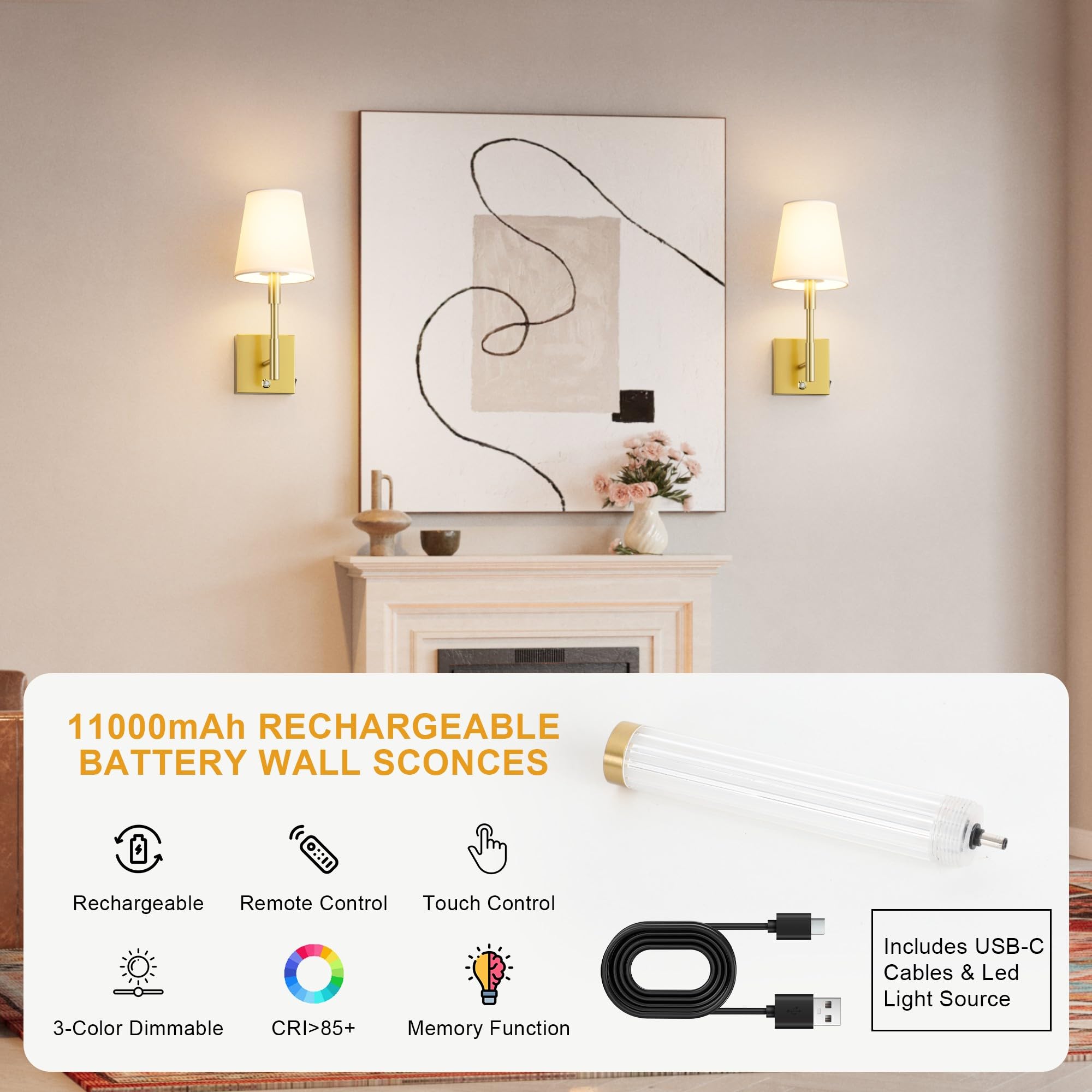 Aoceley Rechargeable Wall Sconces 11000mAh, 3-Color Dimmable Light with Remote & Touch Control, 27in, Gold, Model HW807