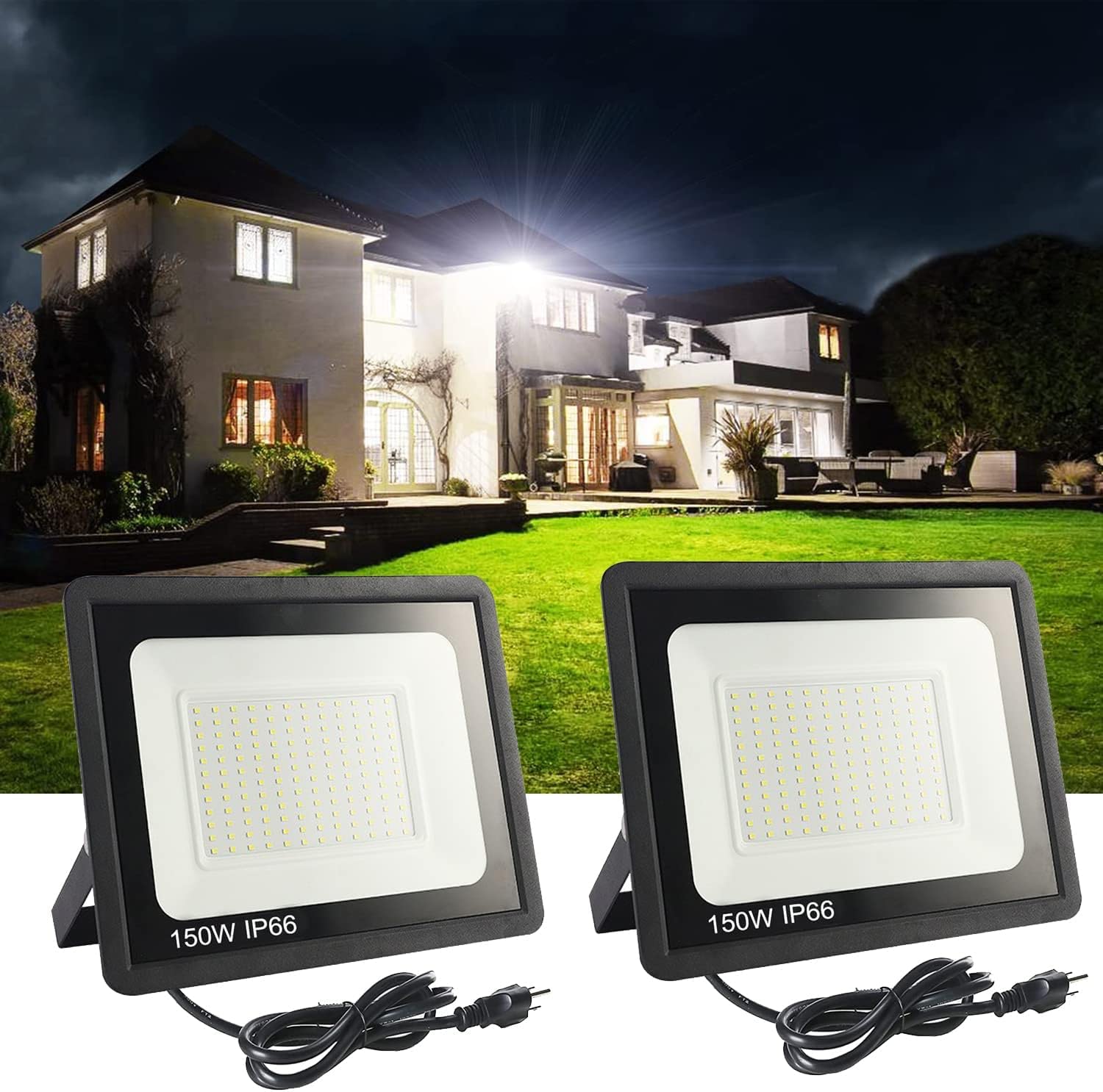 MUCLUD 2Pack LED Flood Light Outdoor,150W LED Work Light 15500lmwith 6FT US Plug,IP66 Waterproof Exterior Security Lights,6000K 