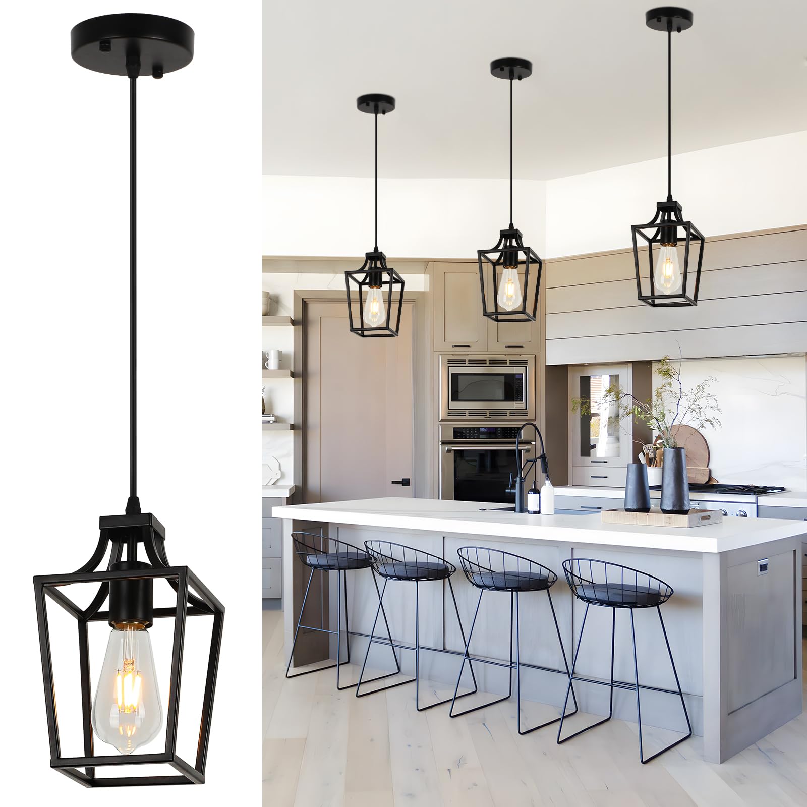 foucasal Lantern Pendant Light Black Pendant Lights for Kitchen Island Mini Pendant Light Fixture, Adjustable Wire Farmhouse Pen